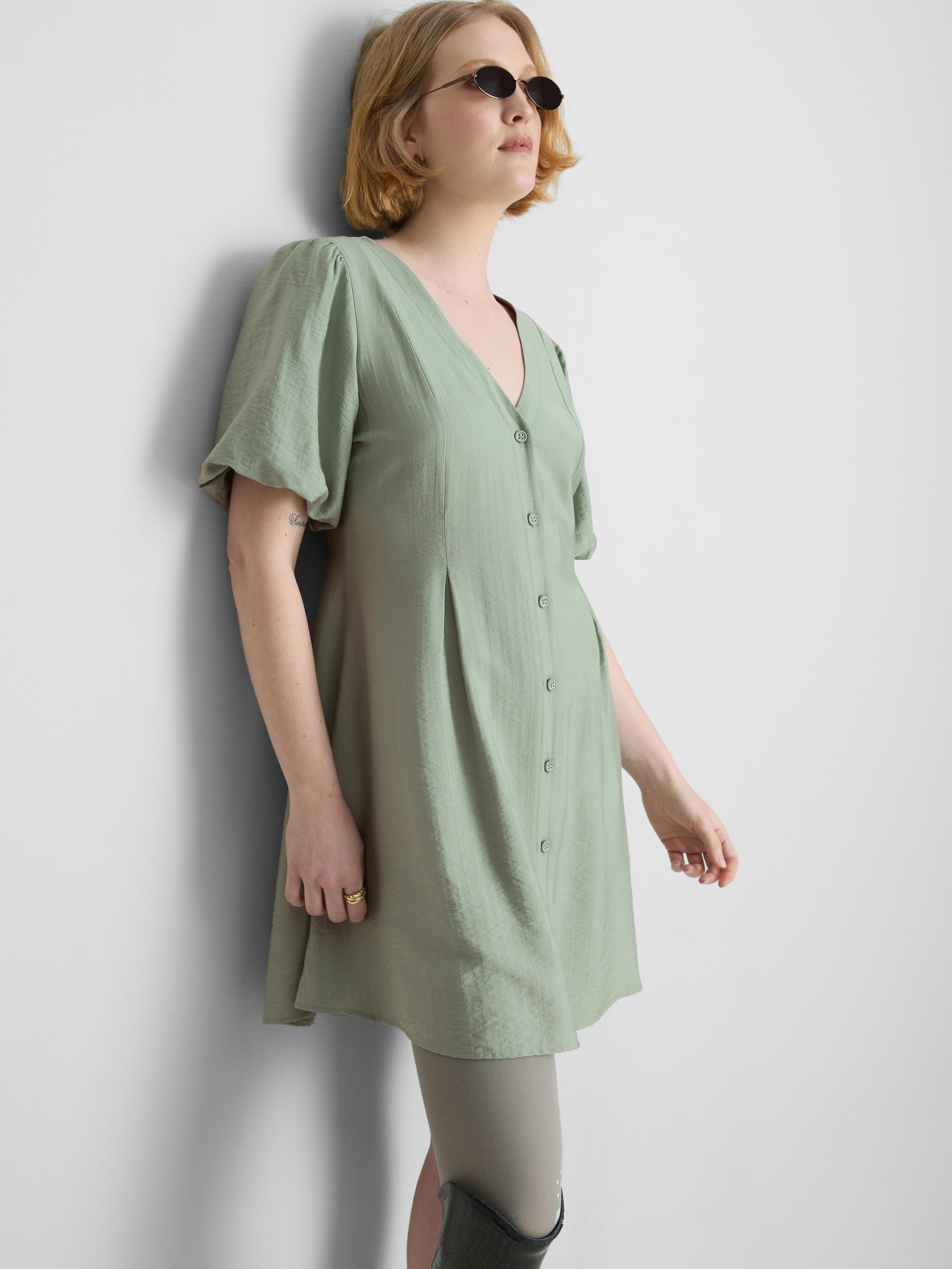 primark green shirt dress Womens Light Green Button Through Puff Sleeve Mini Dress