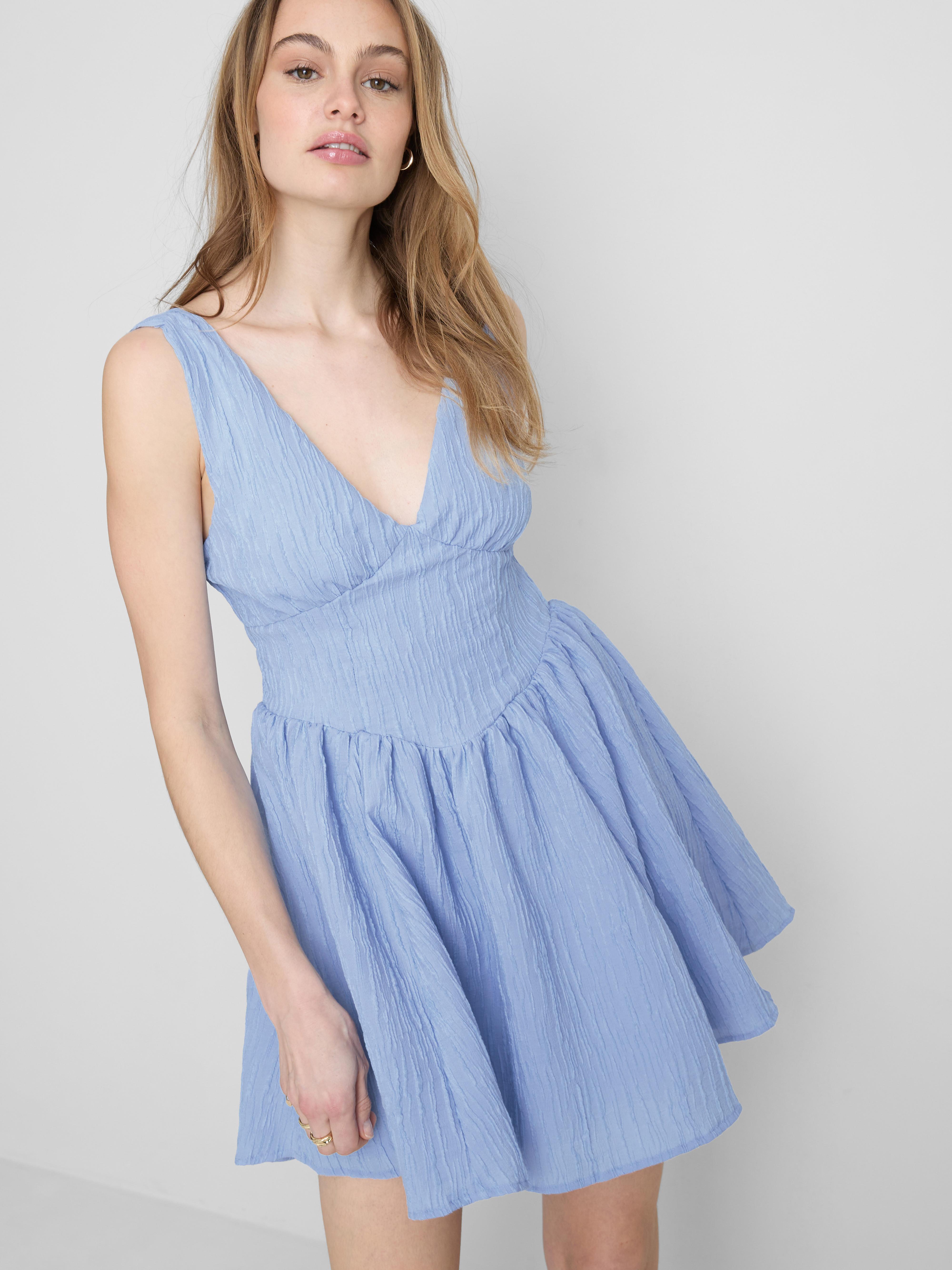 Womens Blue Textured Corset Mini Dress