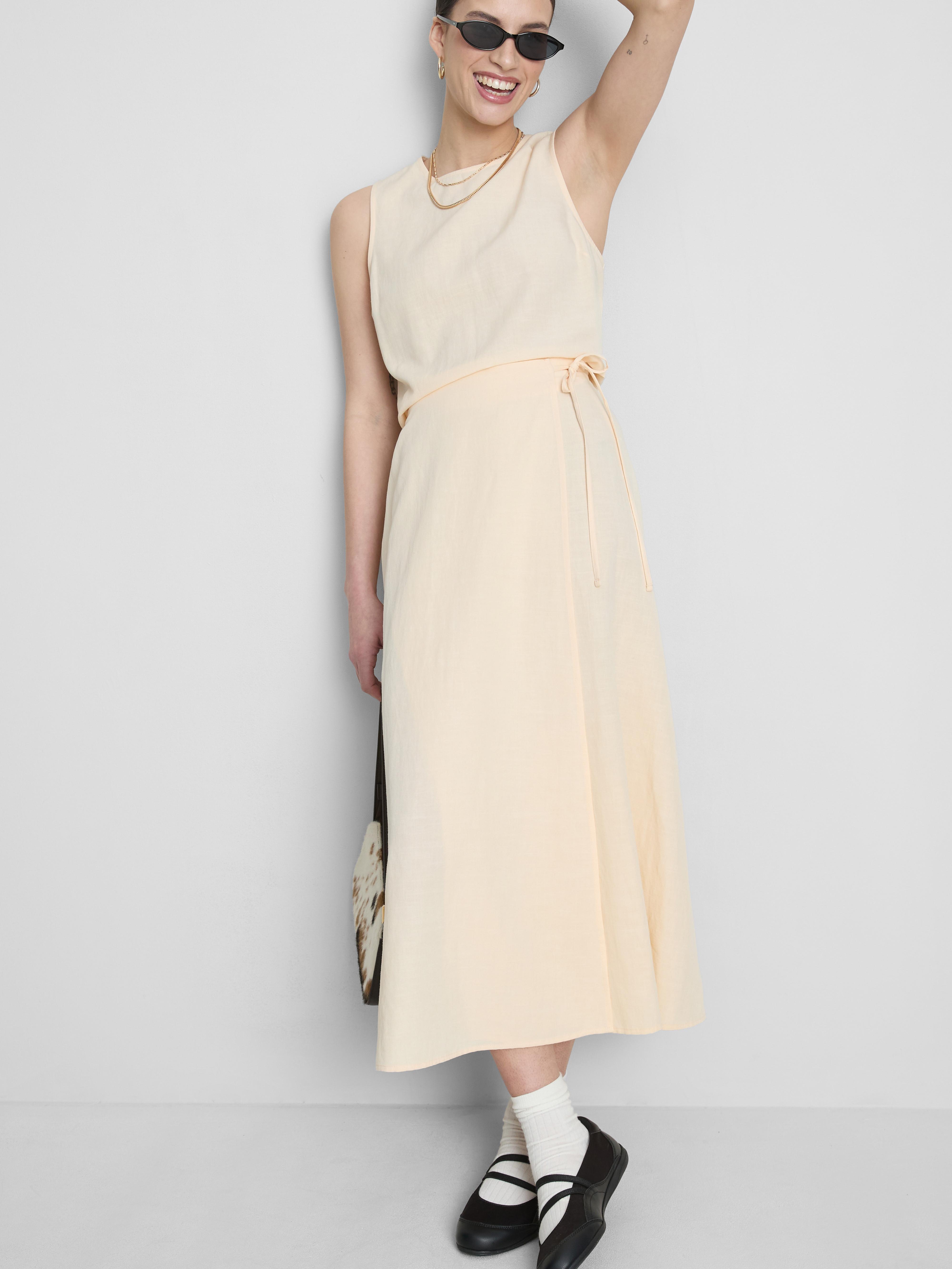 Cotton Blend Tie Side Midi Skirt