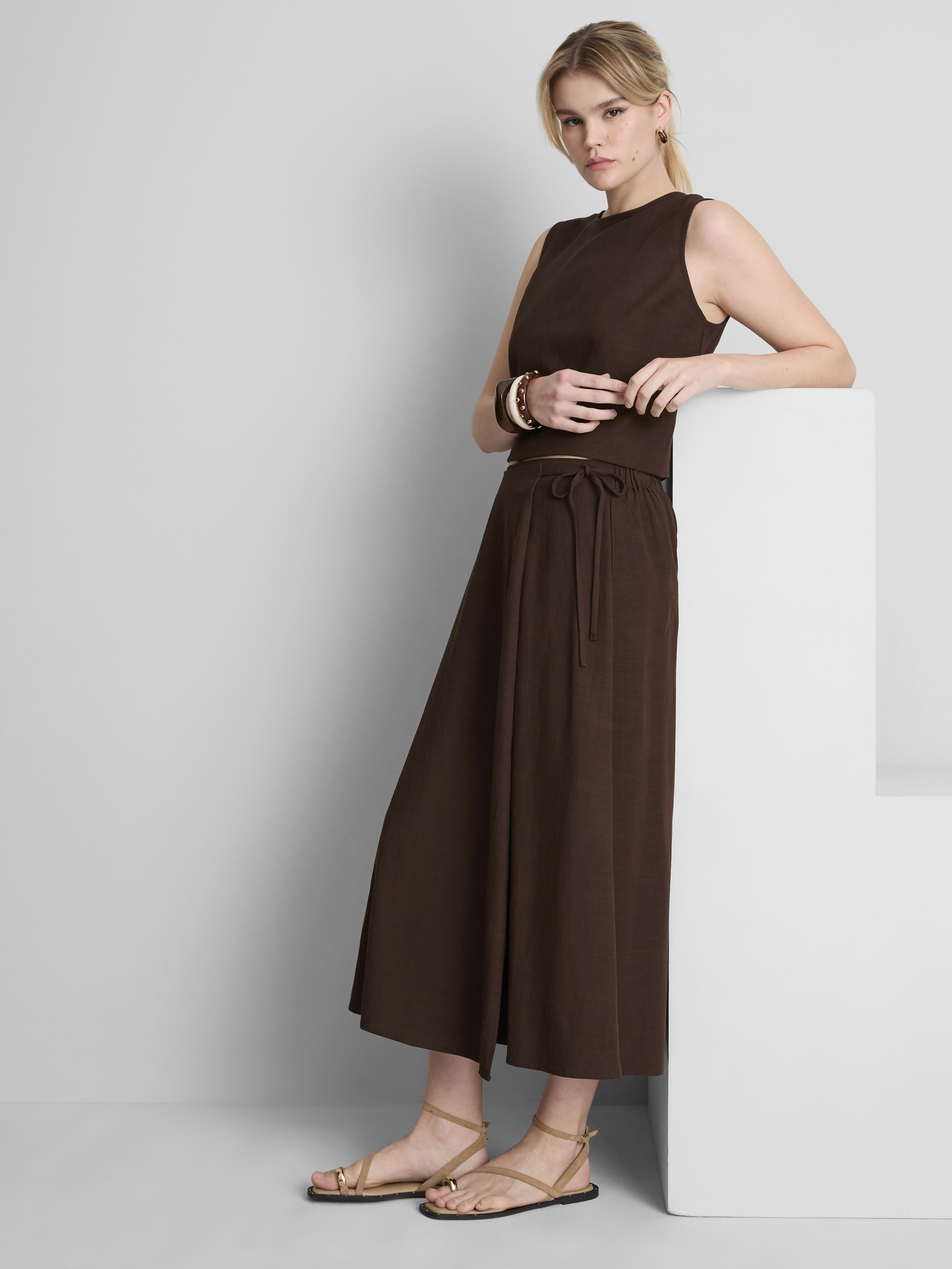 Cotton Blend Tie Side Midi Skirt