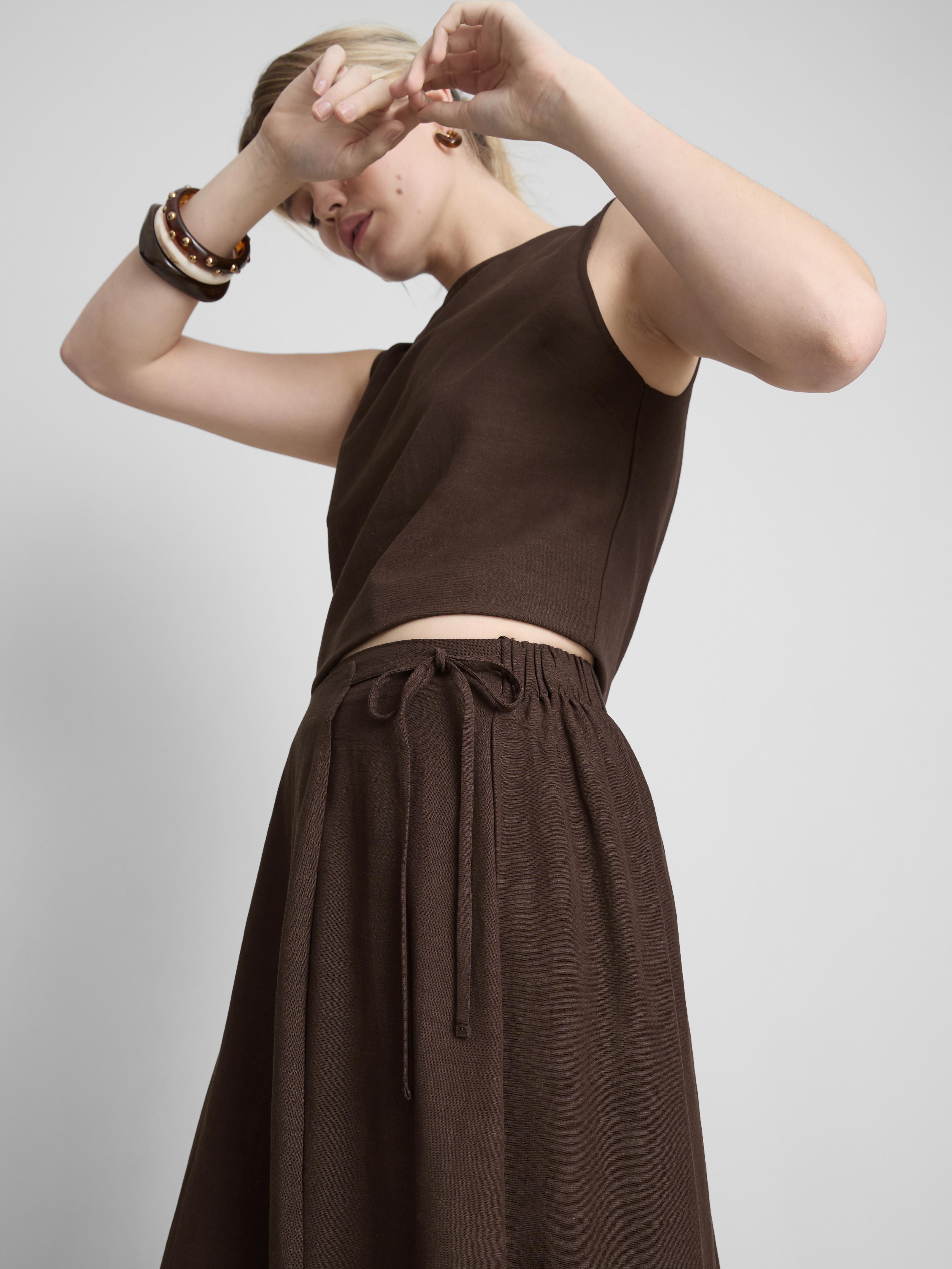 Cotton Blend Tie Side Midi Skirt