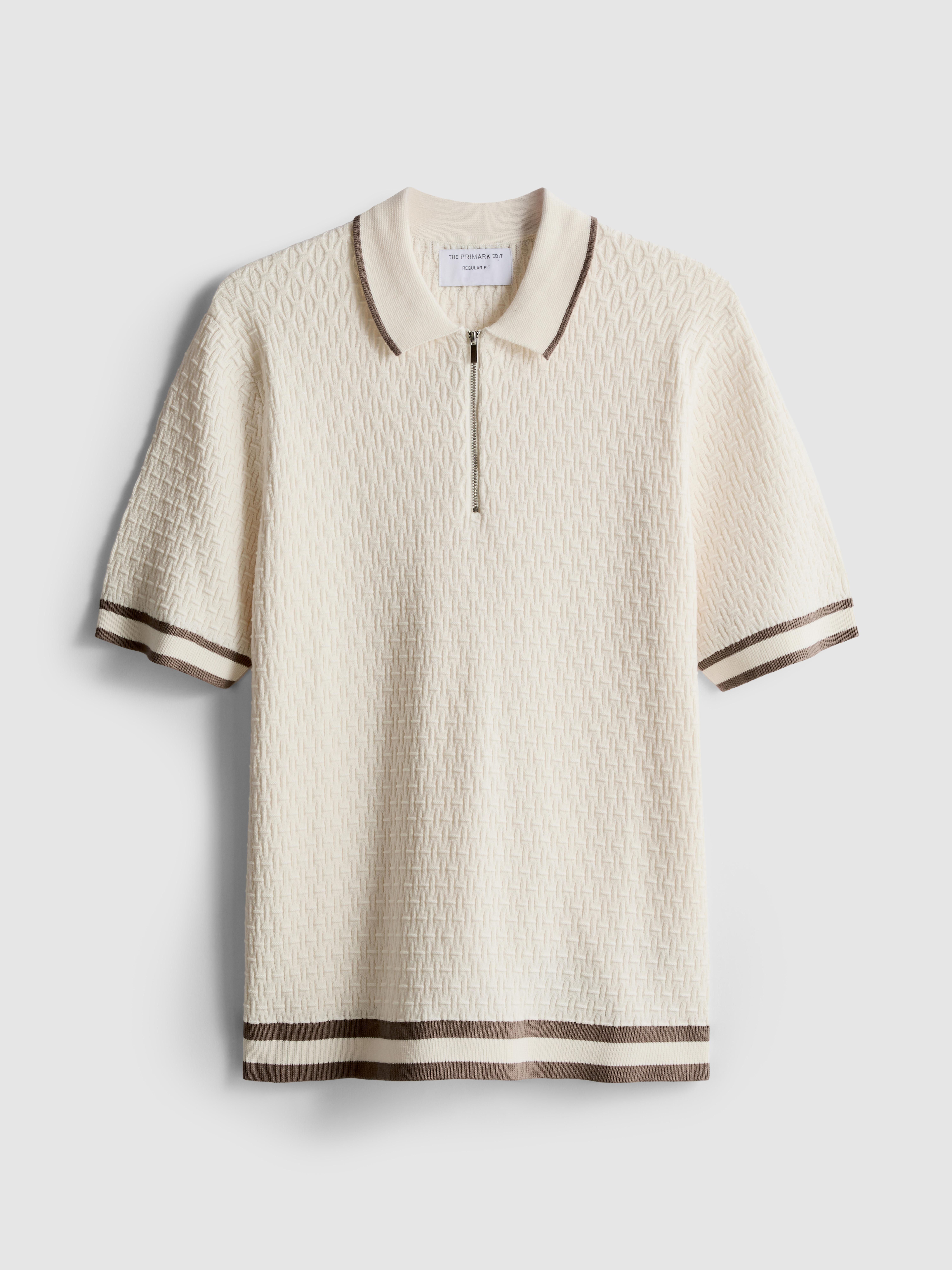 Men's Ivory The Edit Textured Zip Polo Shirt | Primark