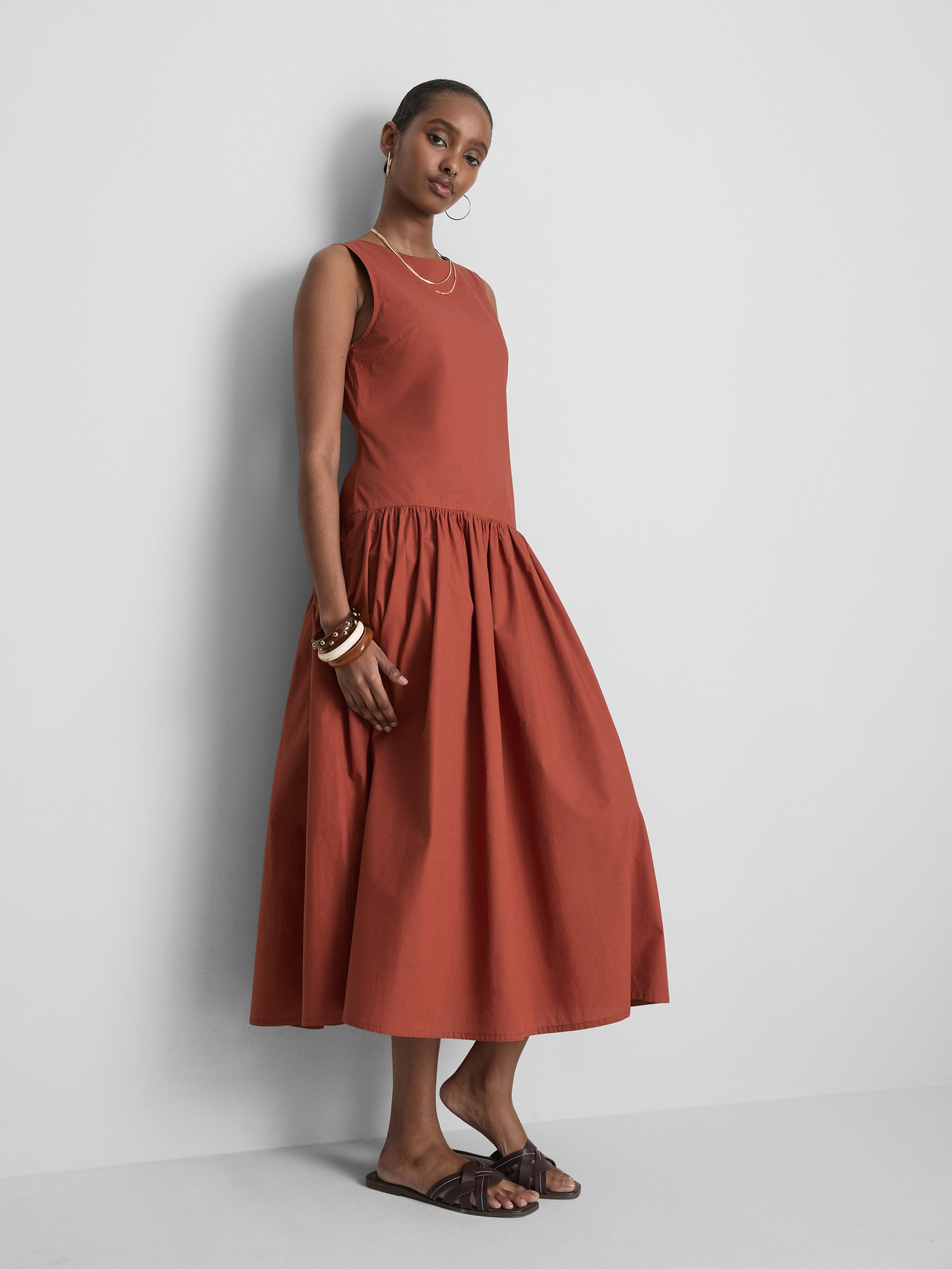 Abito longuette in popeline di cotone con vita scesa