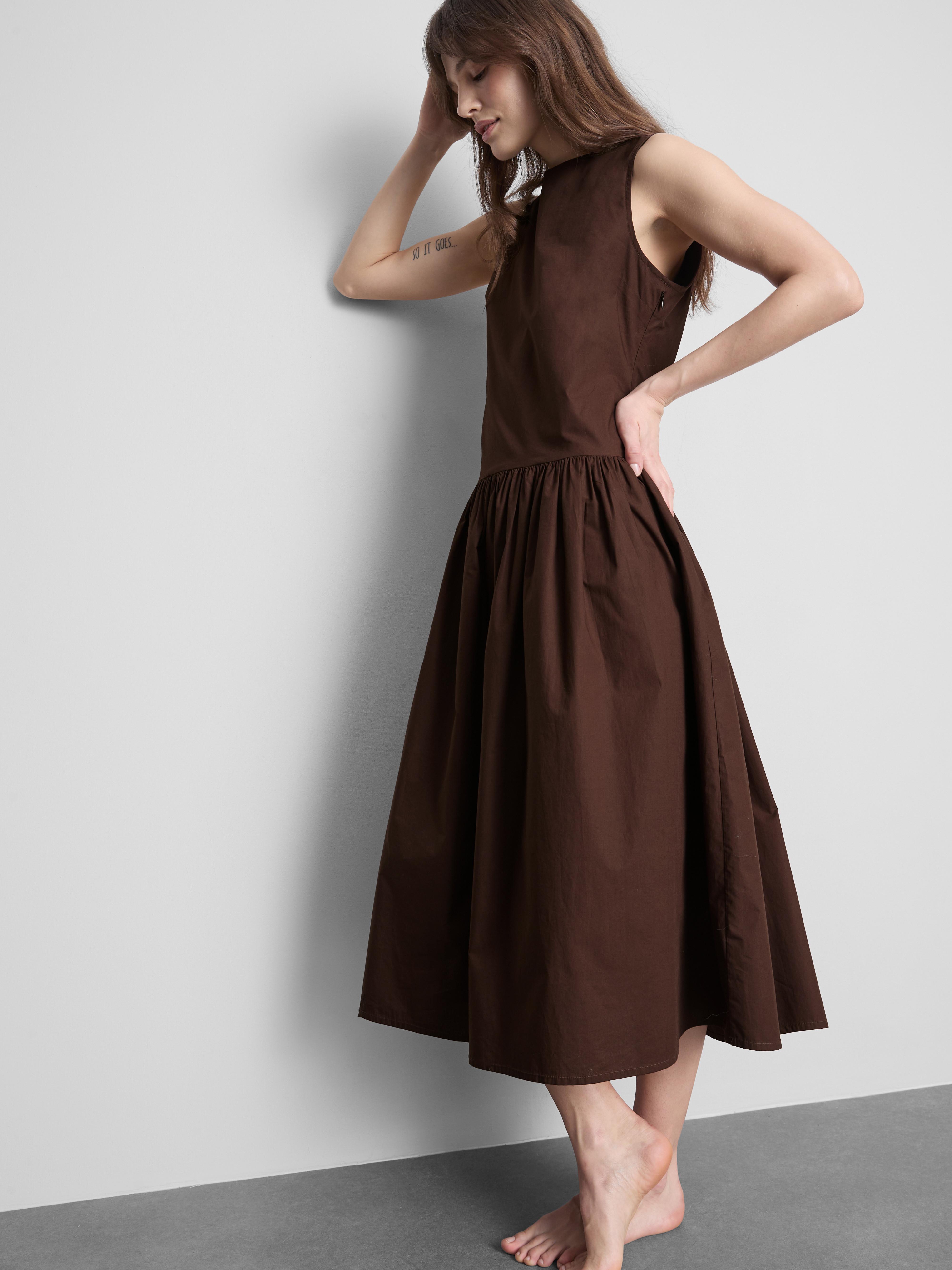 Abito longuette in popeline di cotone con vita scesa