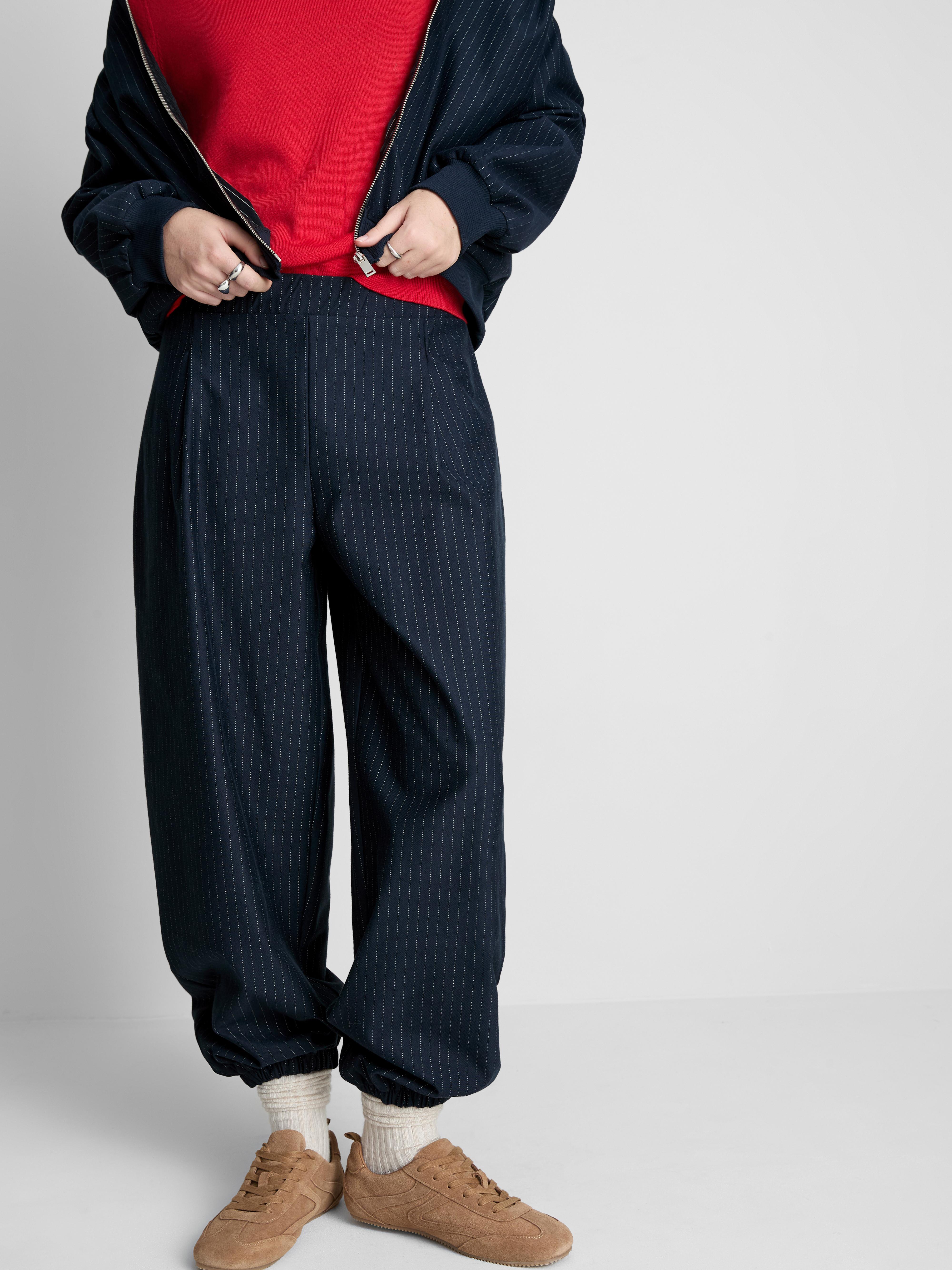 Women's Navy Pinstripe Barrel-Leg Pants