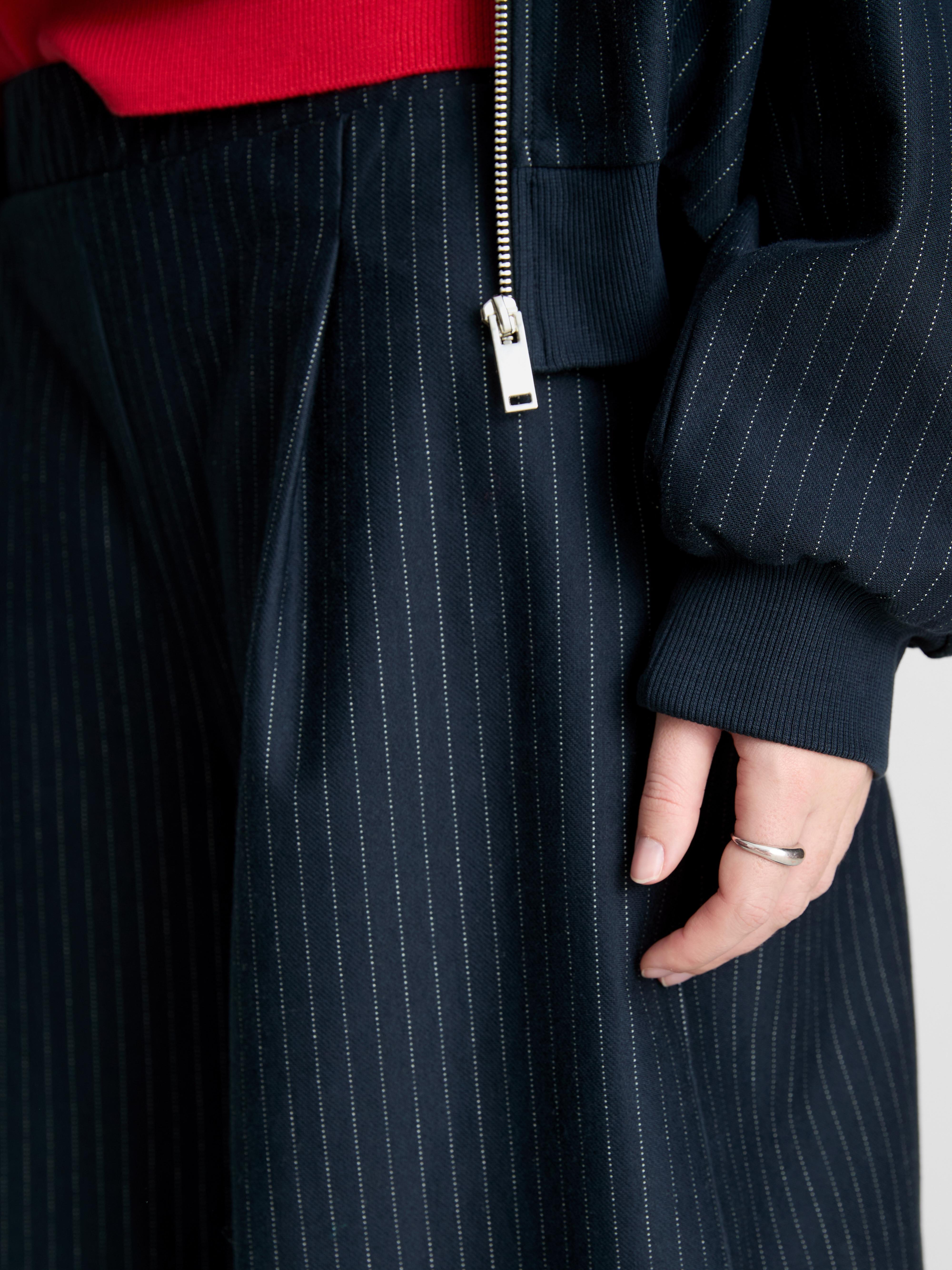 Women's Navy Pinstripe Barrel-Leg Pants