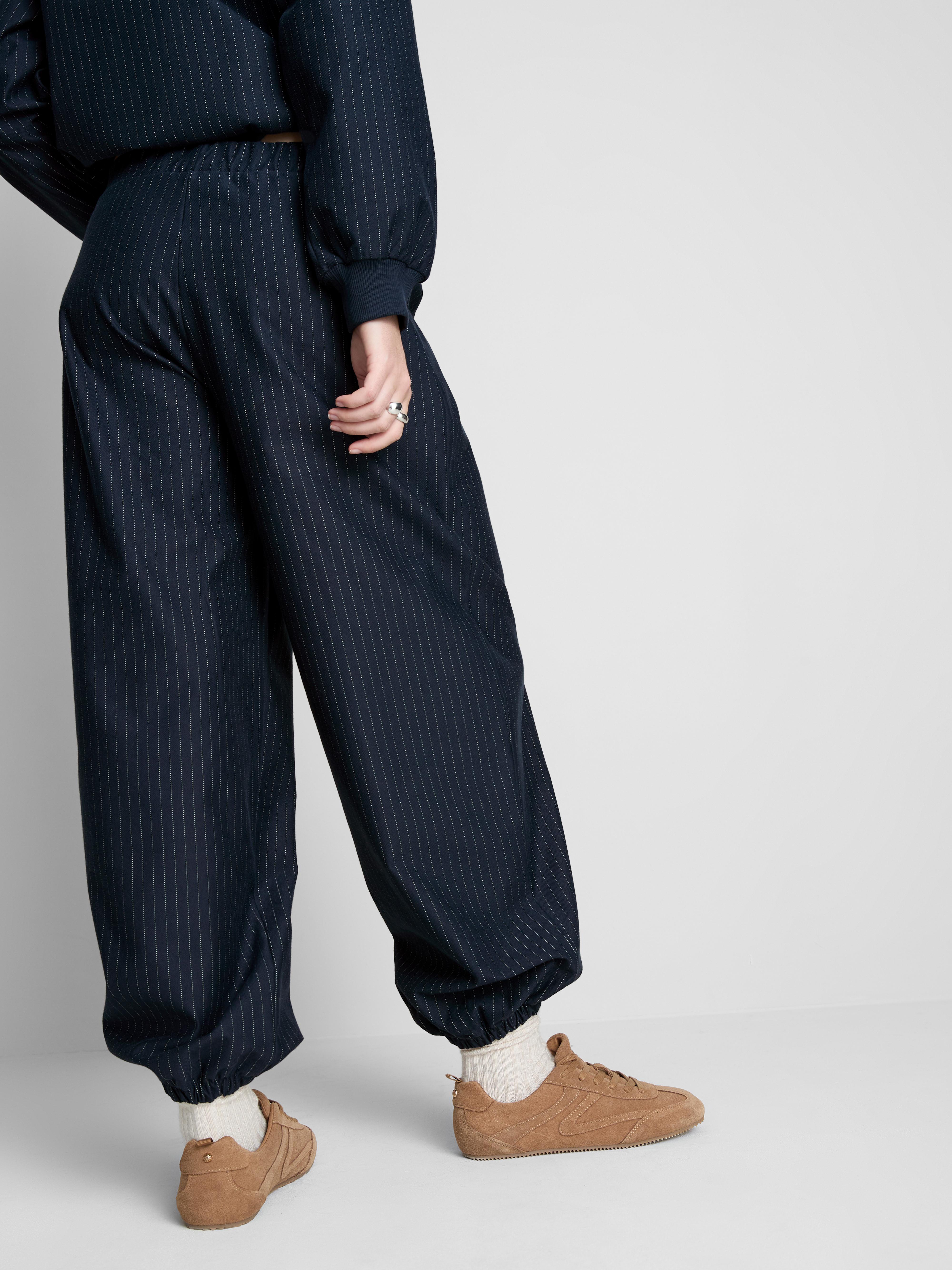 Women's Navy Pinstripe Barrel-Leg Pants