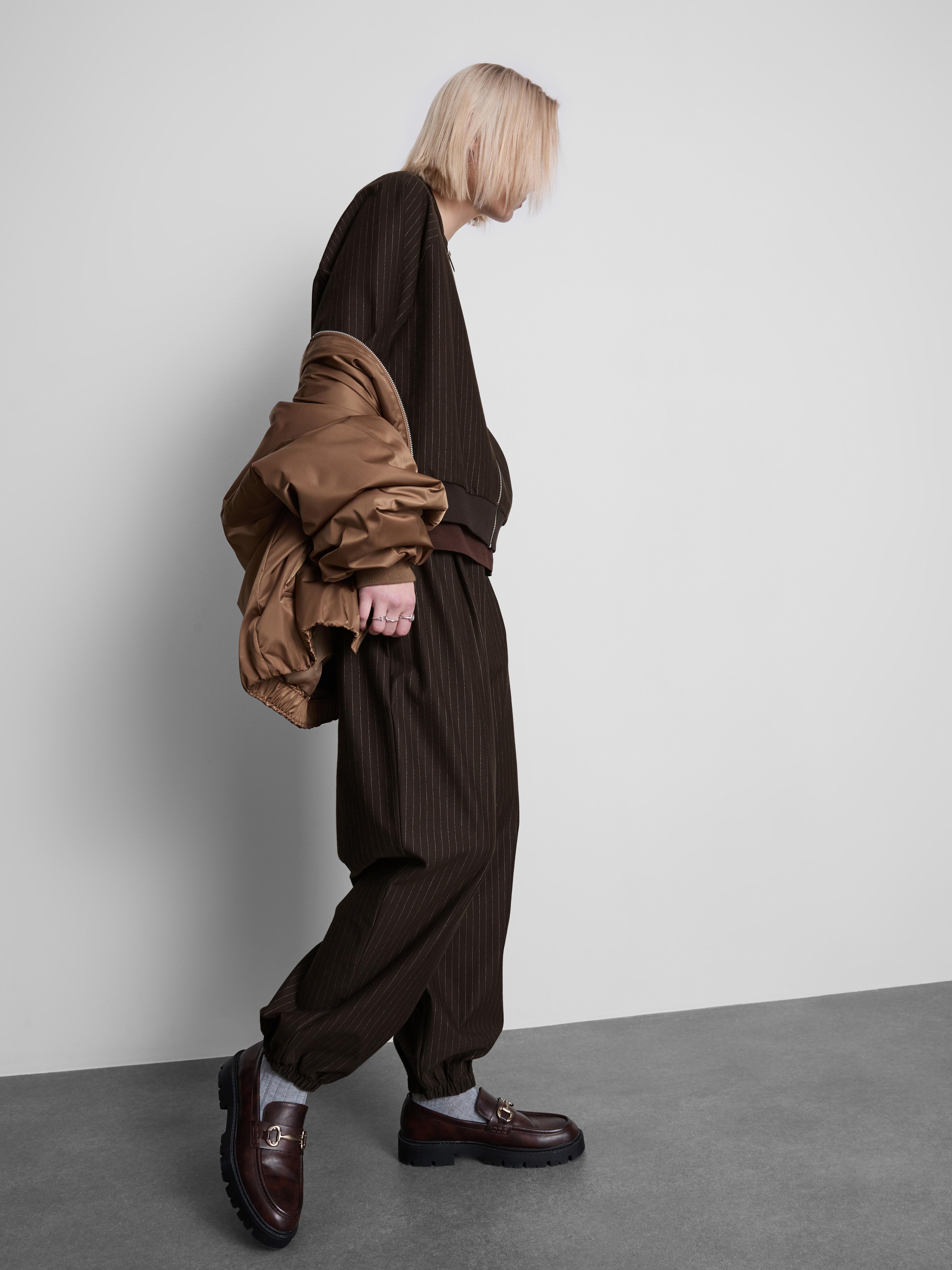 Women's Chocolate Pinstripe Barrel-Leg Pants