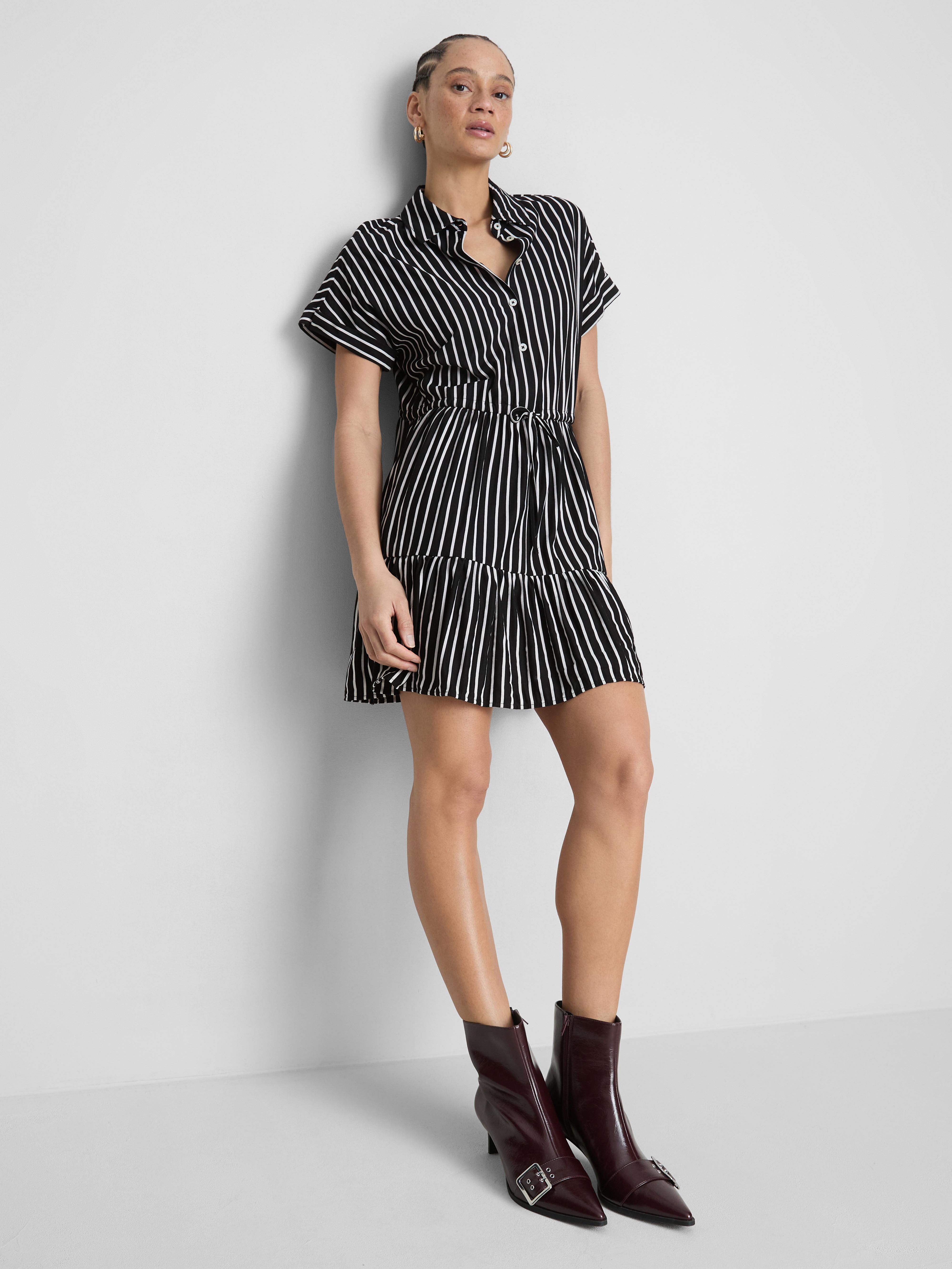 Tiered Stripe Mini Shirt Dress