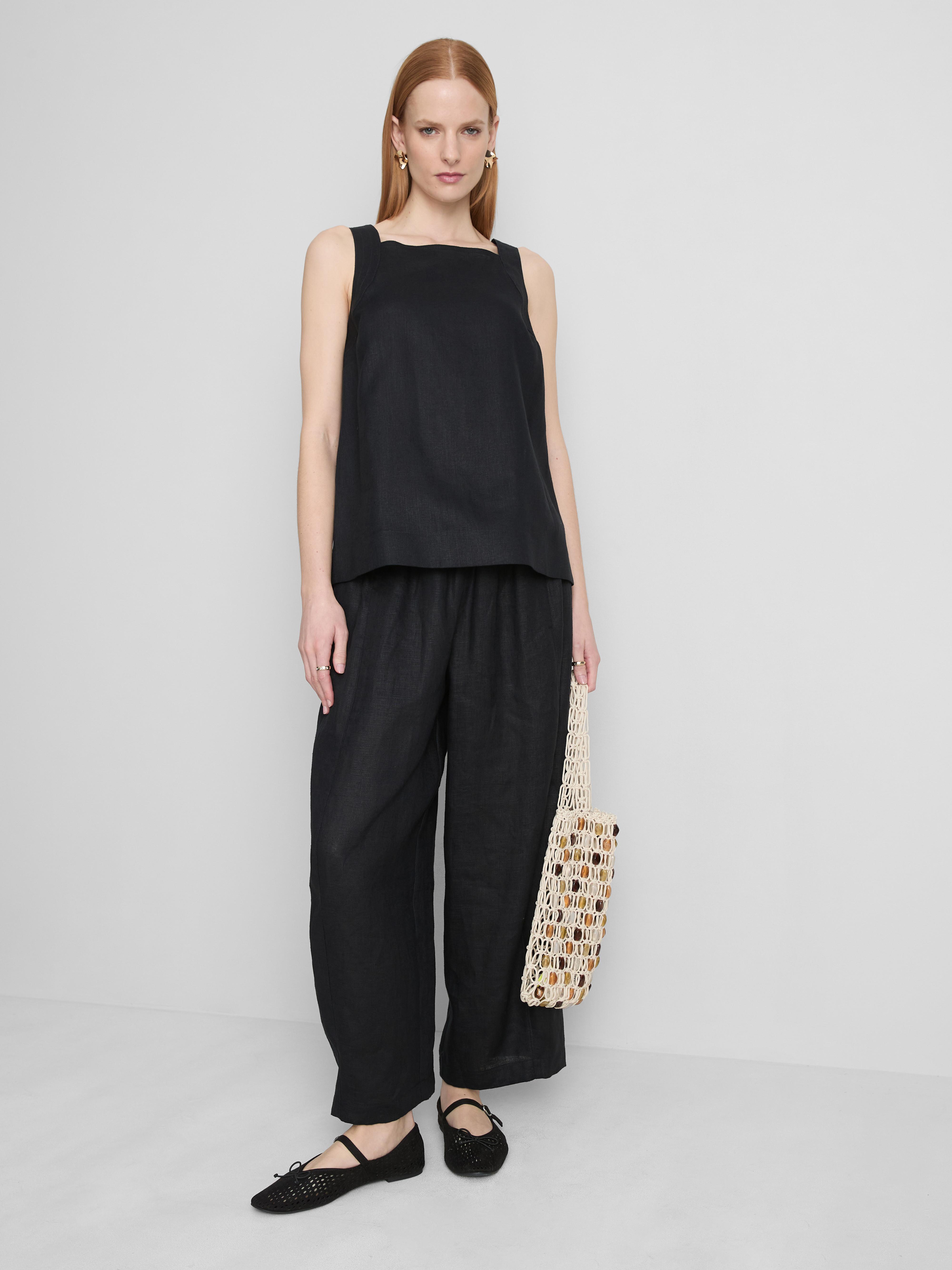 The Edit A-Line Wide-Strap Linen Top Black