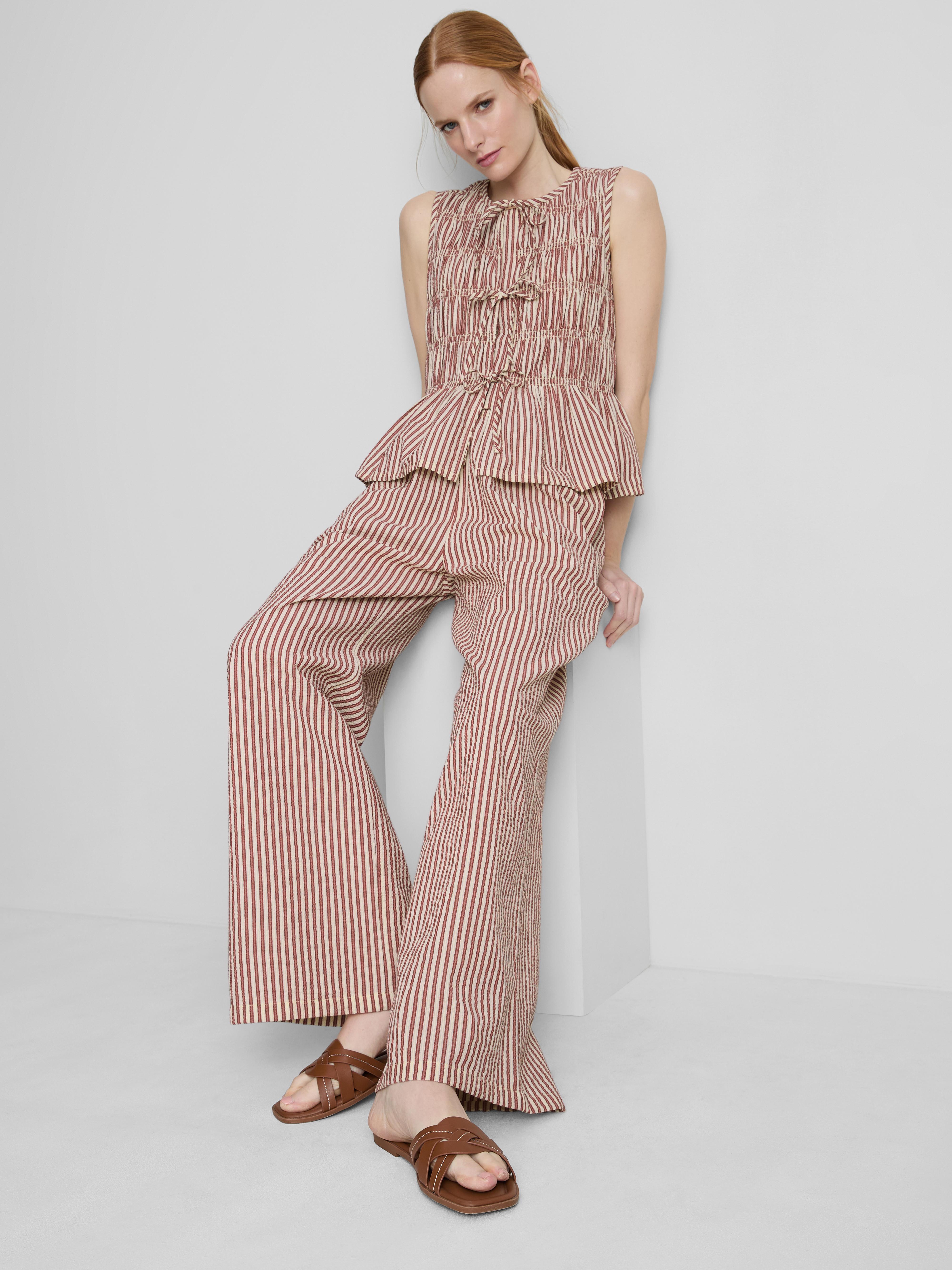 Cotton Striped Wide-Leg Seersucker Pants