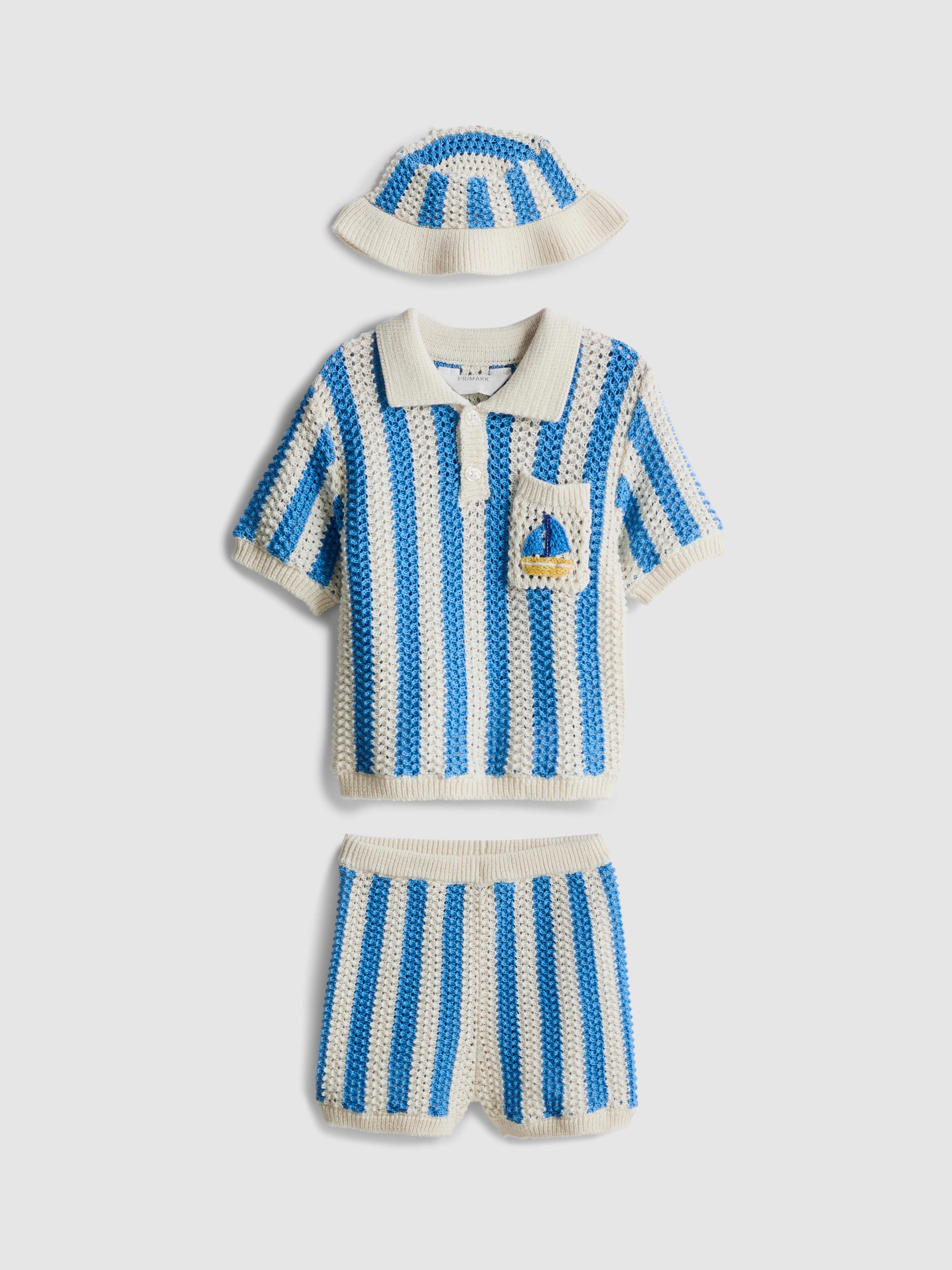 0-18mths | Stripe Polo Top, Shorts and Hat Newborn Set