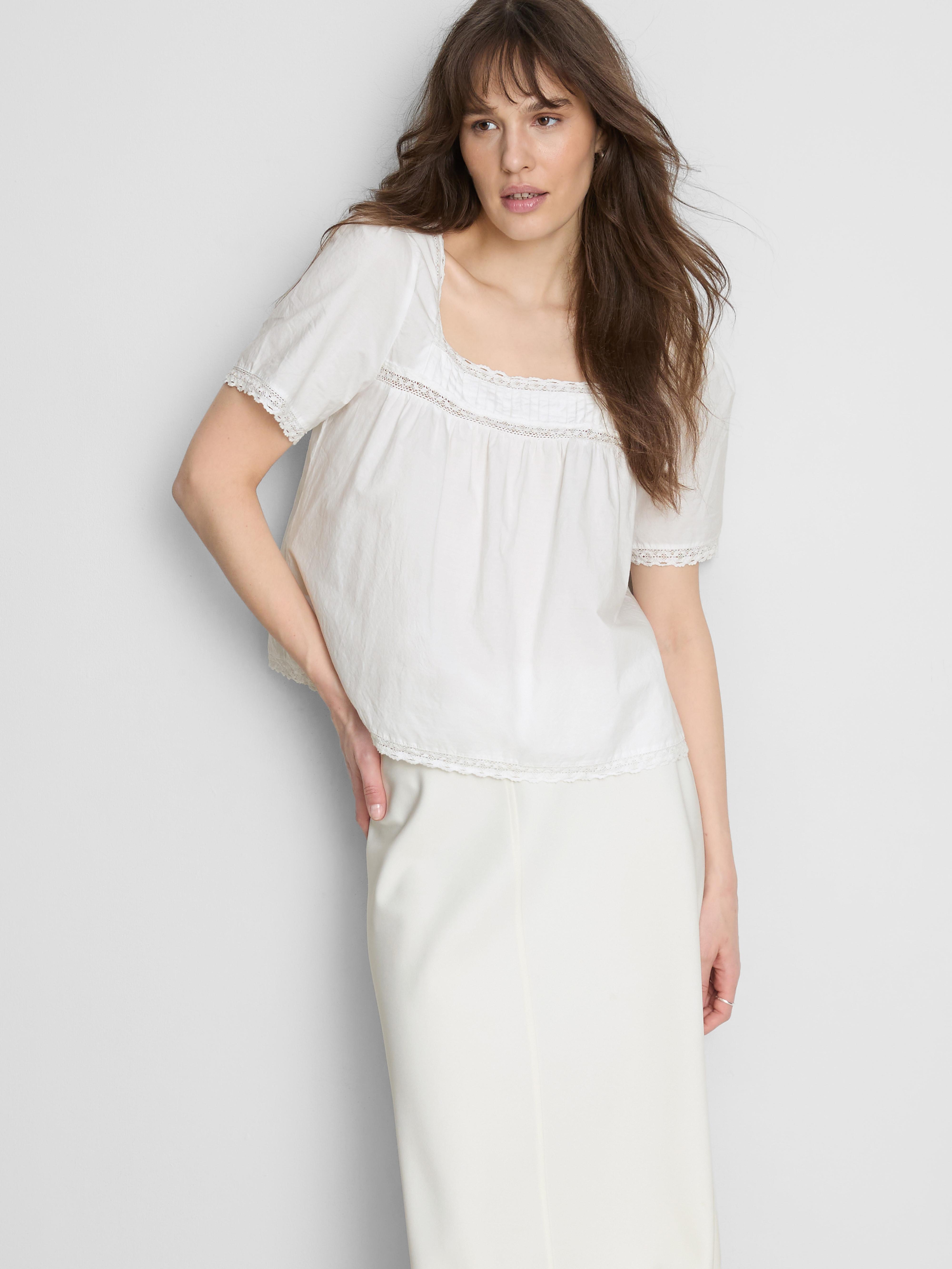 Cotton Lace-Trim Puff-Sleeve Blouse