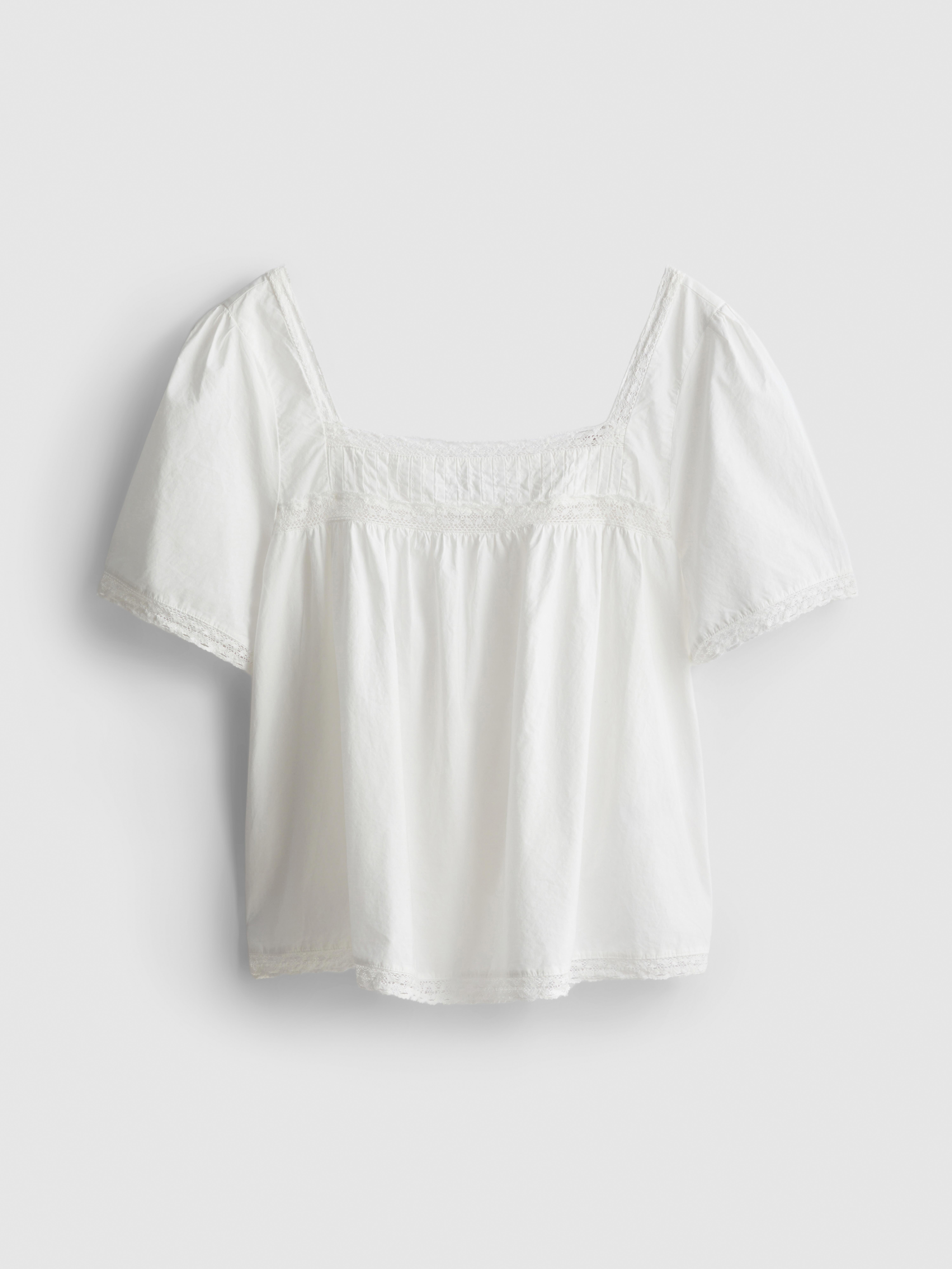 Cotton Lace-Trim Puff-Sleeve Blouse