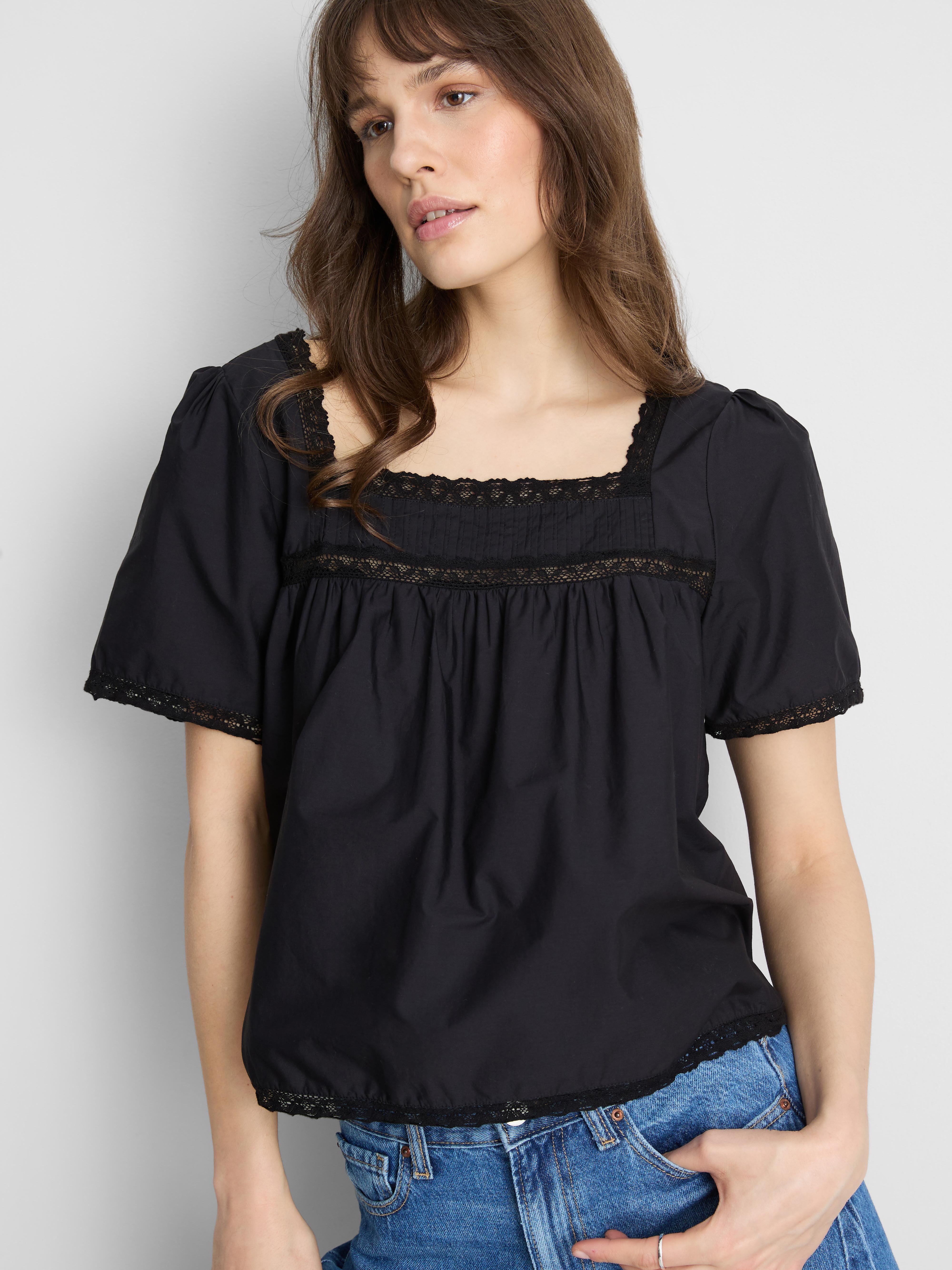 Blusa manga balão rebordo renda algodão