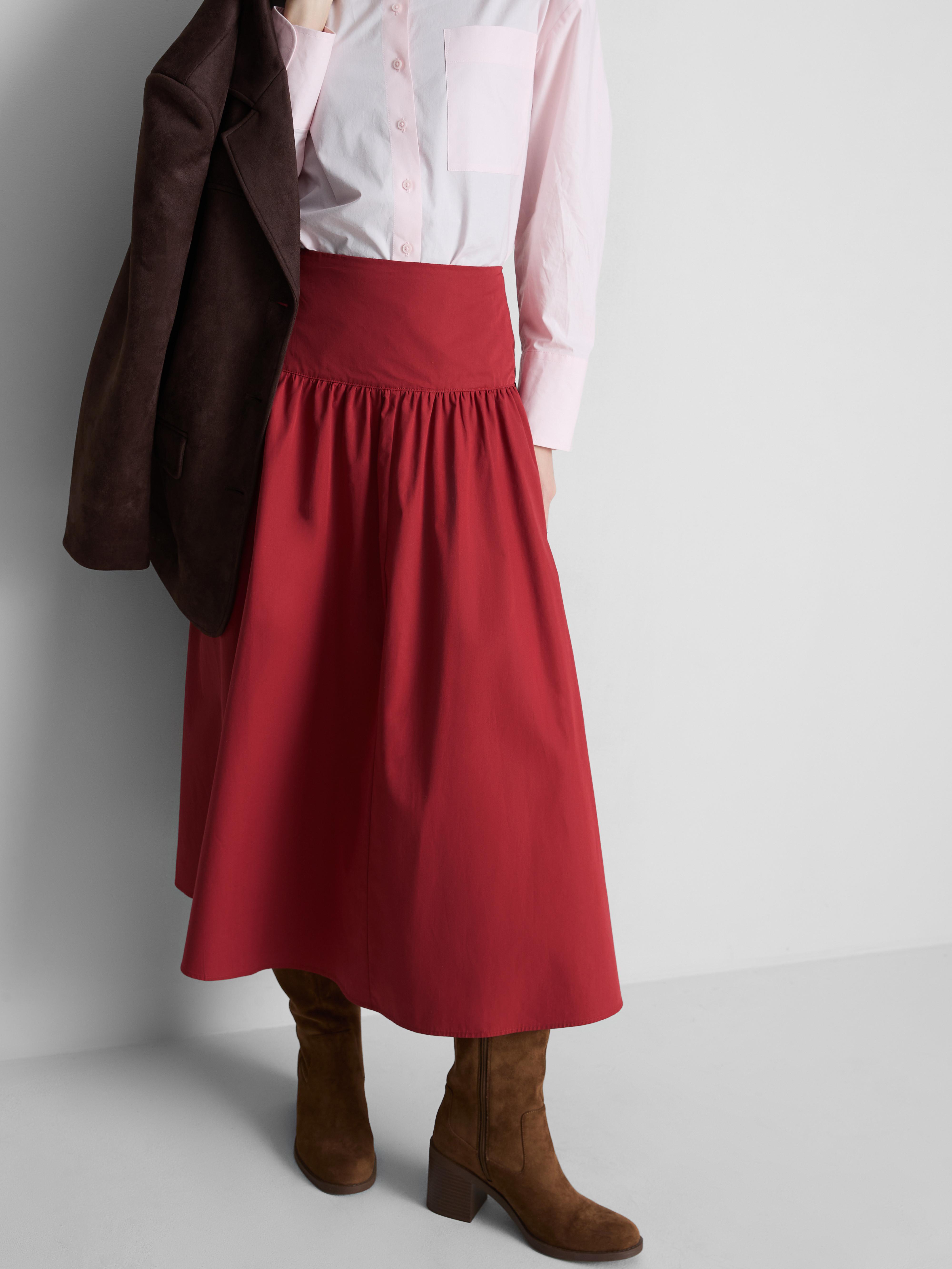 Cotton Drop Waist Poplin Midi Skirt