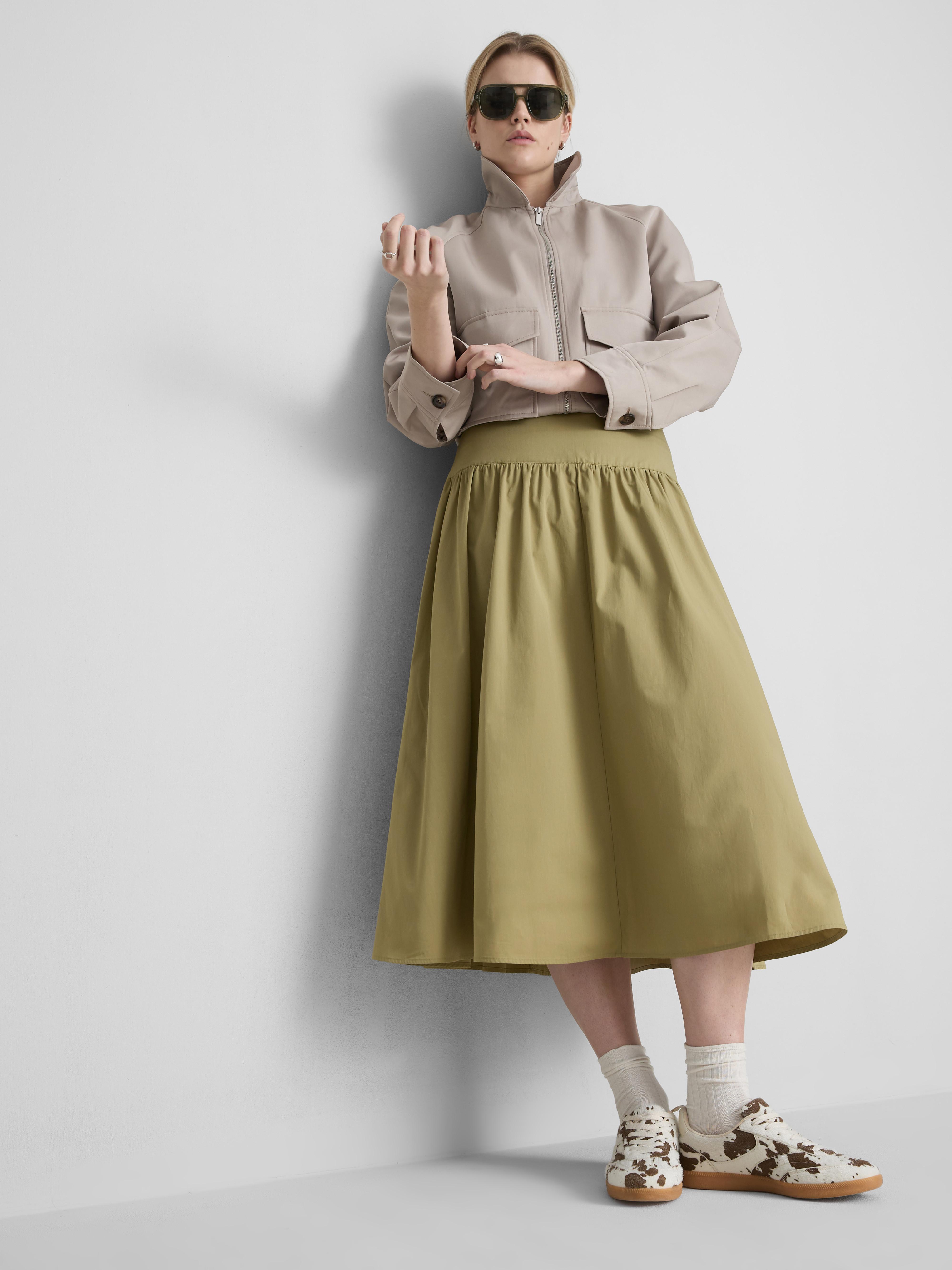 Cotton Drop Waist Poplin Midi Skirt
