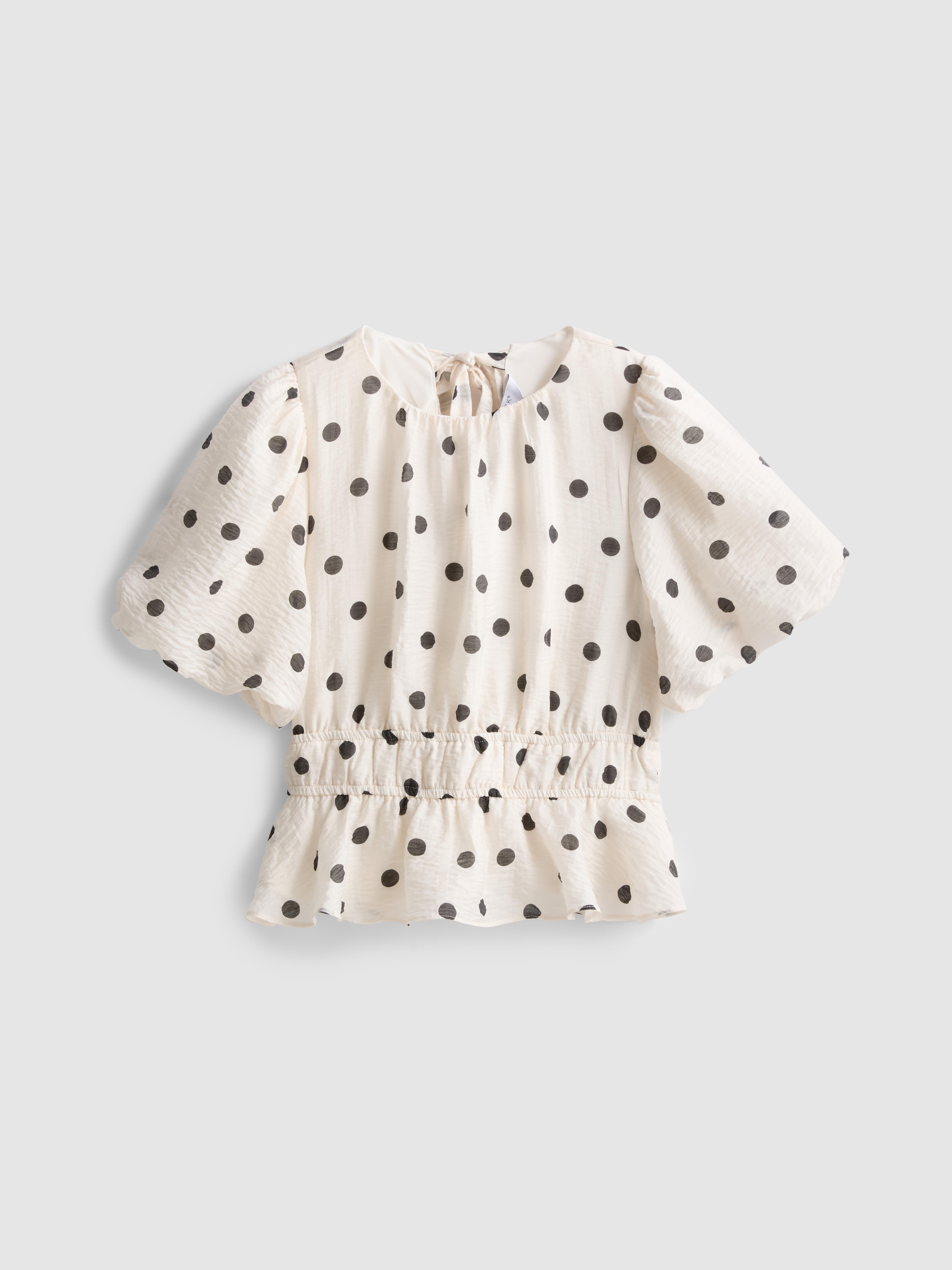 Polka Dot Puff-Sleeve Blouse