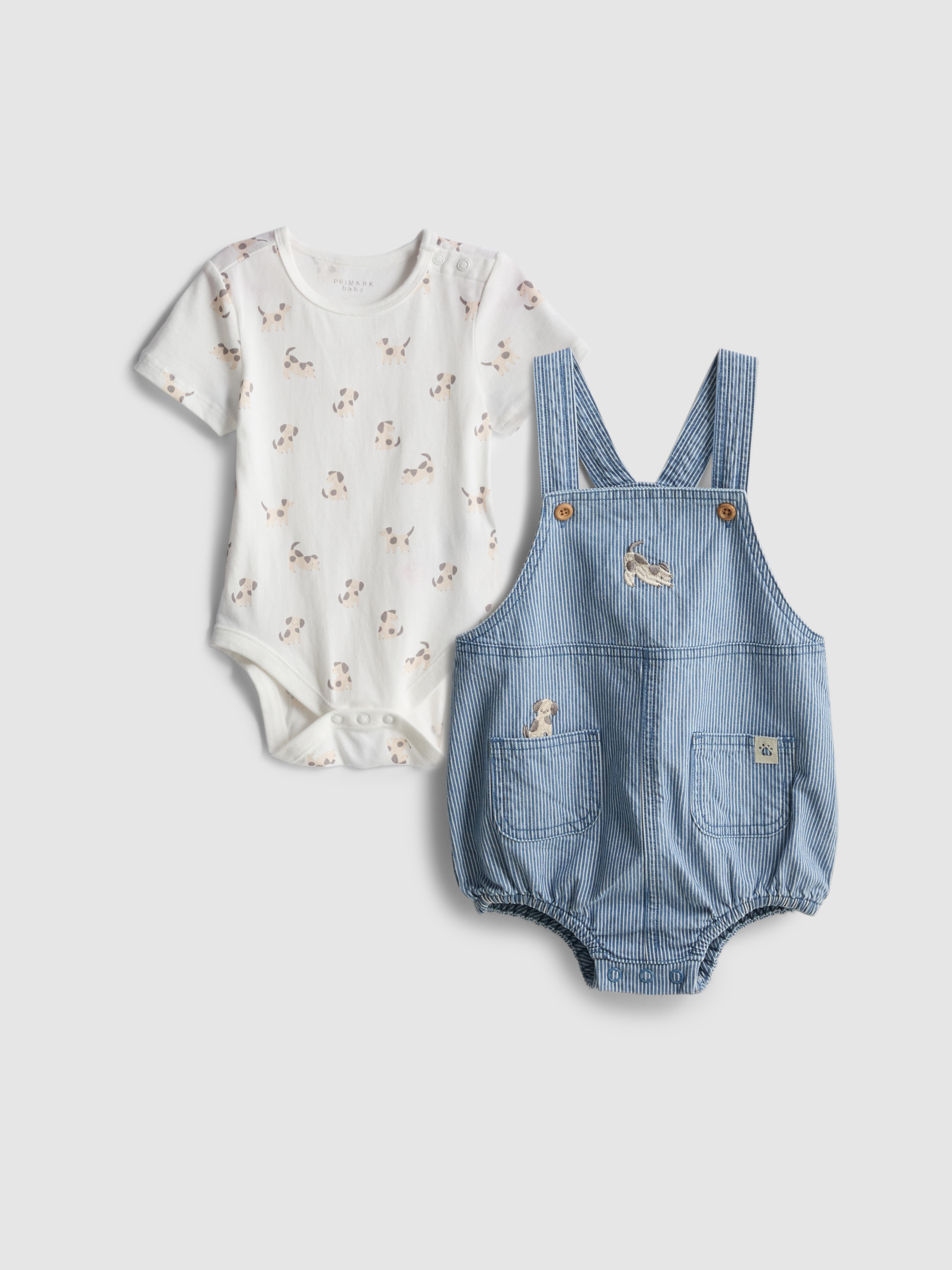 0-18mths | Dog Graphic Bodysuit and Dungarees Newborn Set
