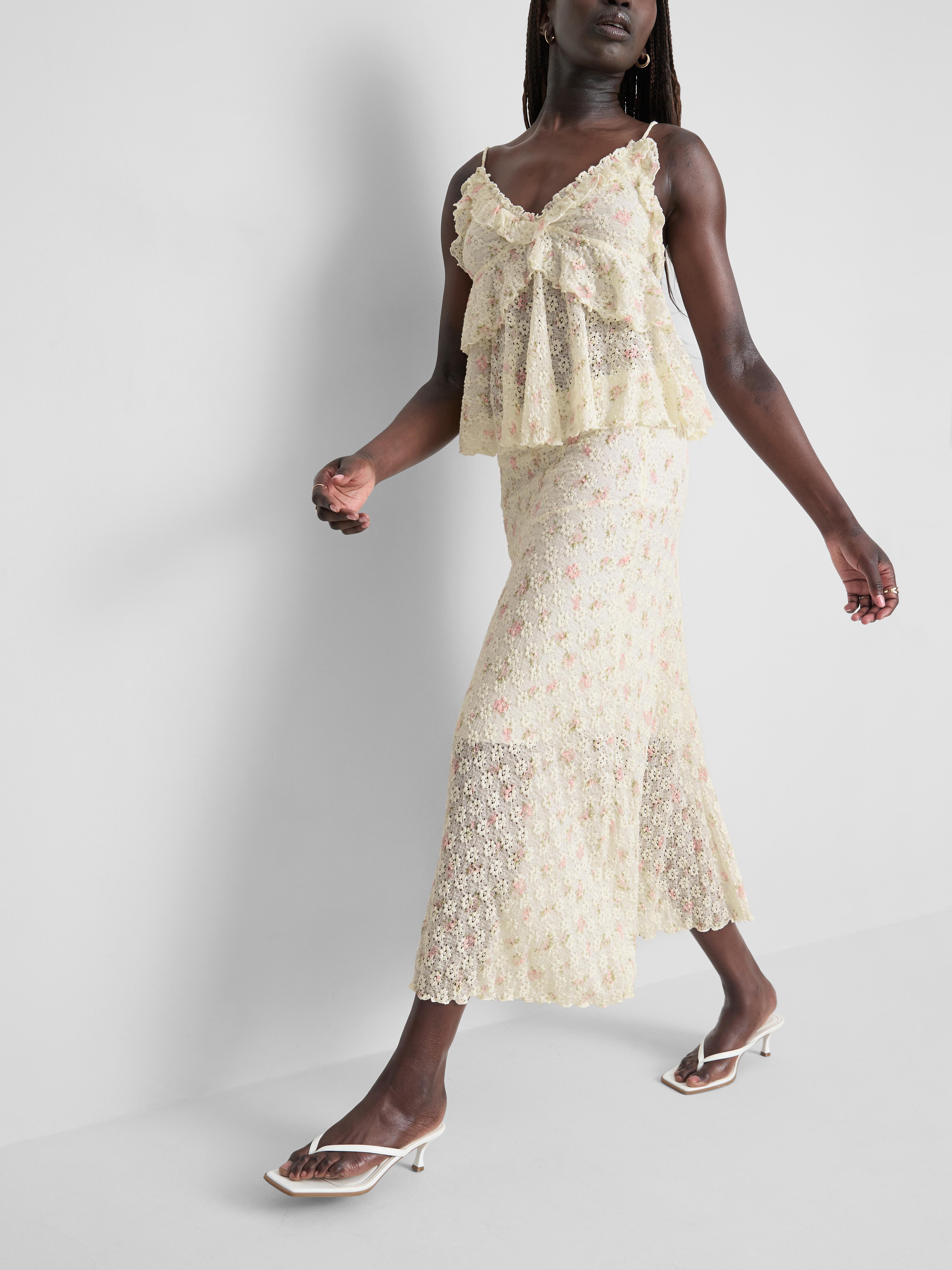 Cotton Blend Textured Floral Midi Skirt