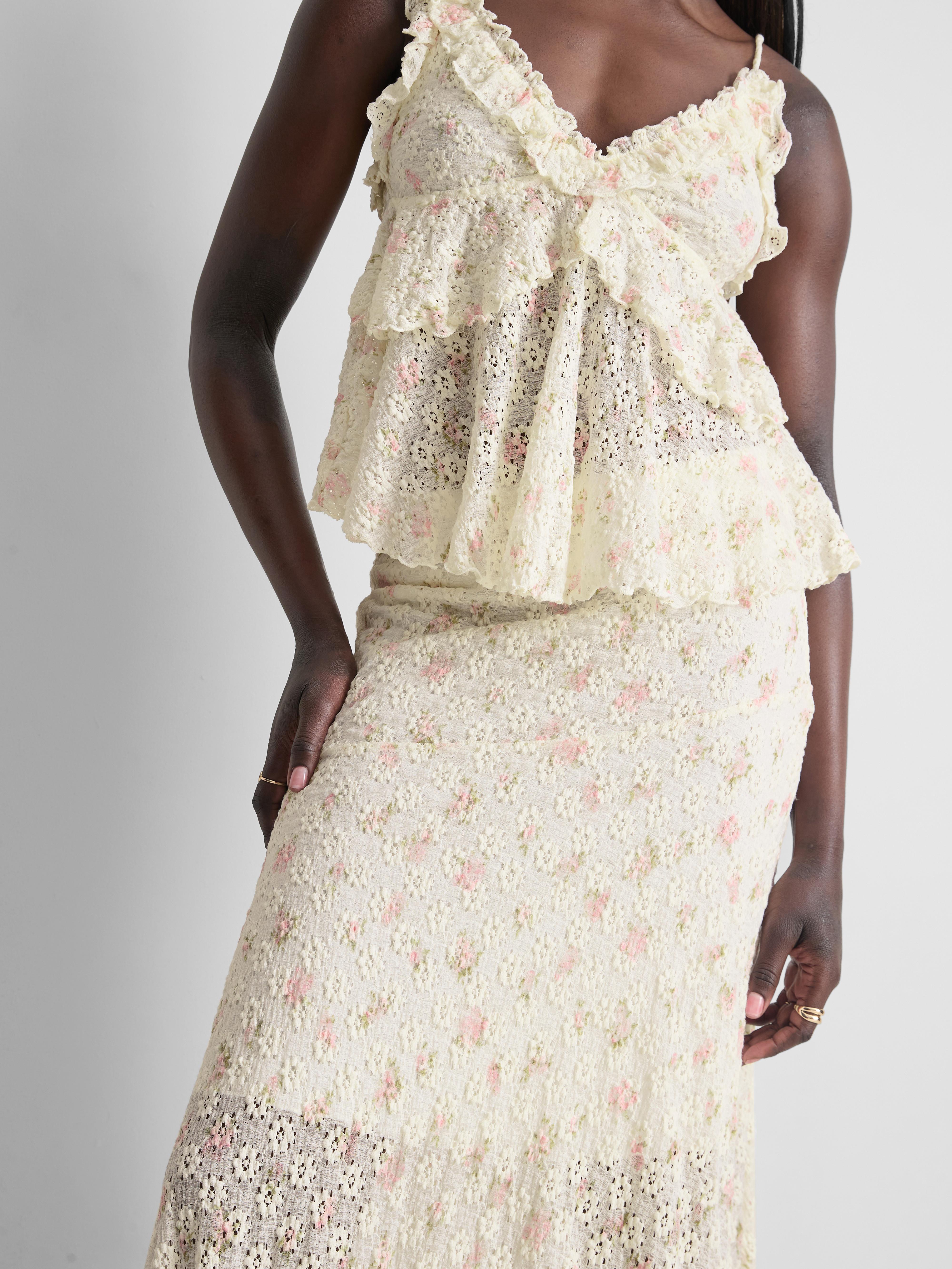 Cotton Blend Textured Floral Midi Skirt