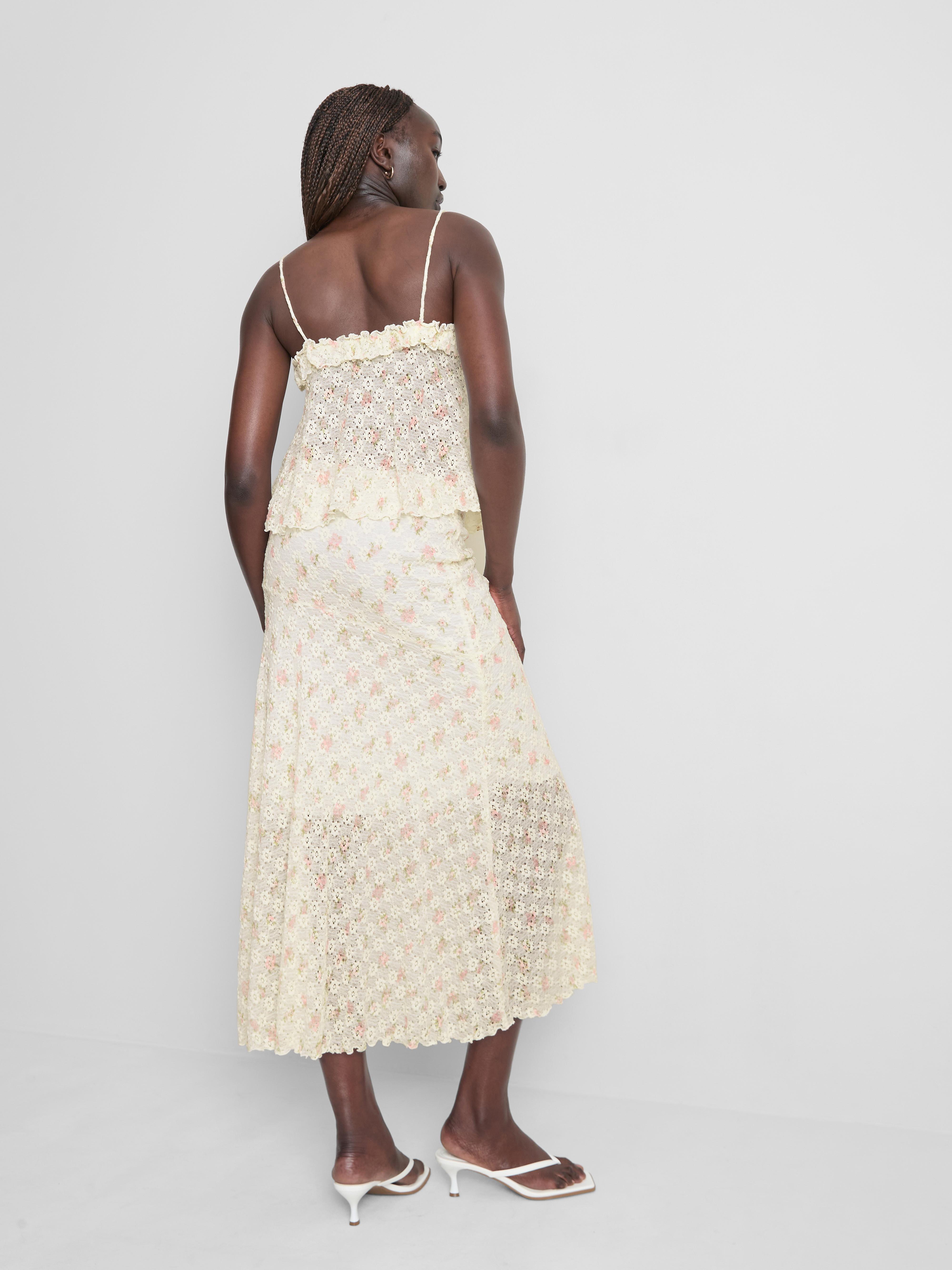 Cotton Blend Textured Floral Midi Skirt