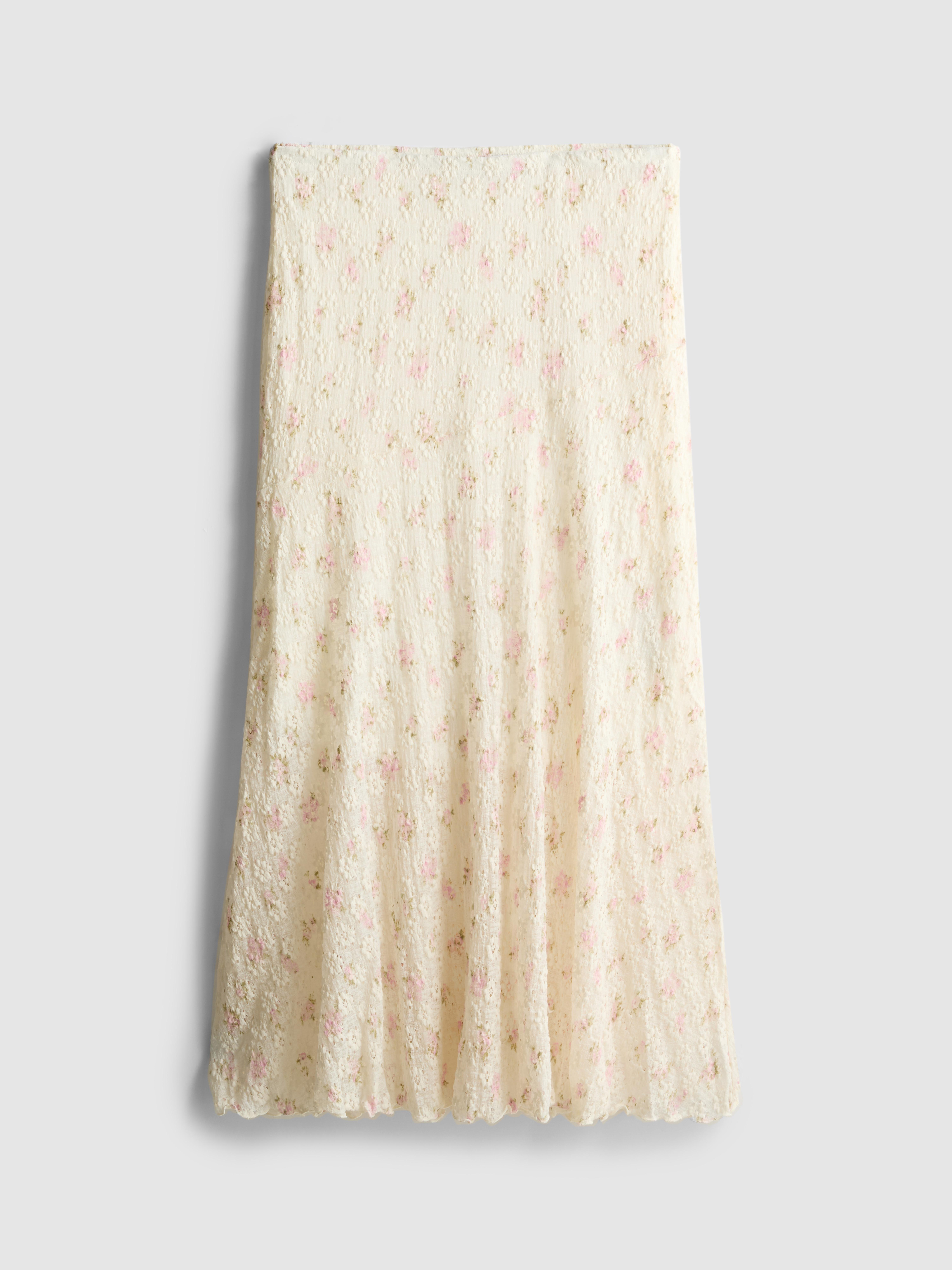 Cotton Blend Textured Floral Midi Skirt