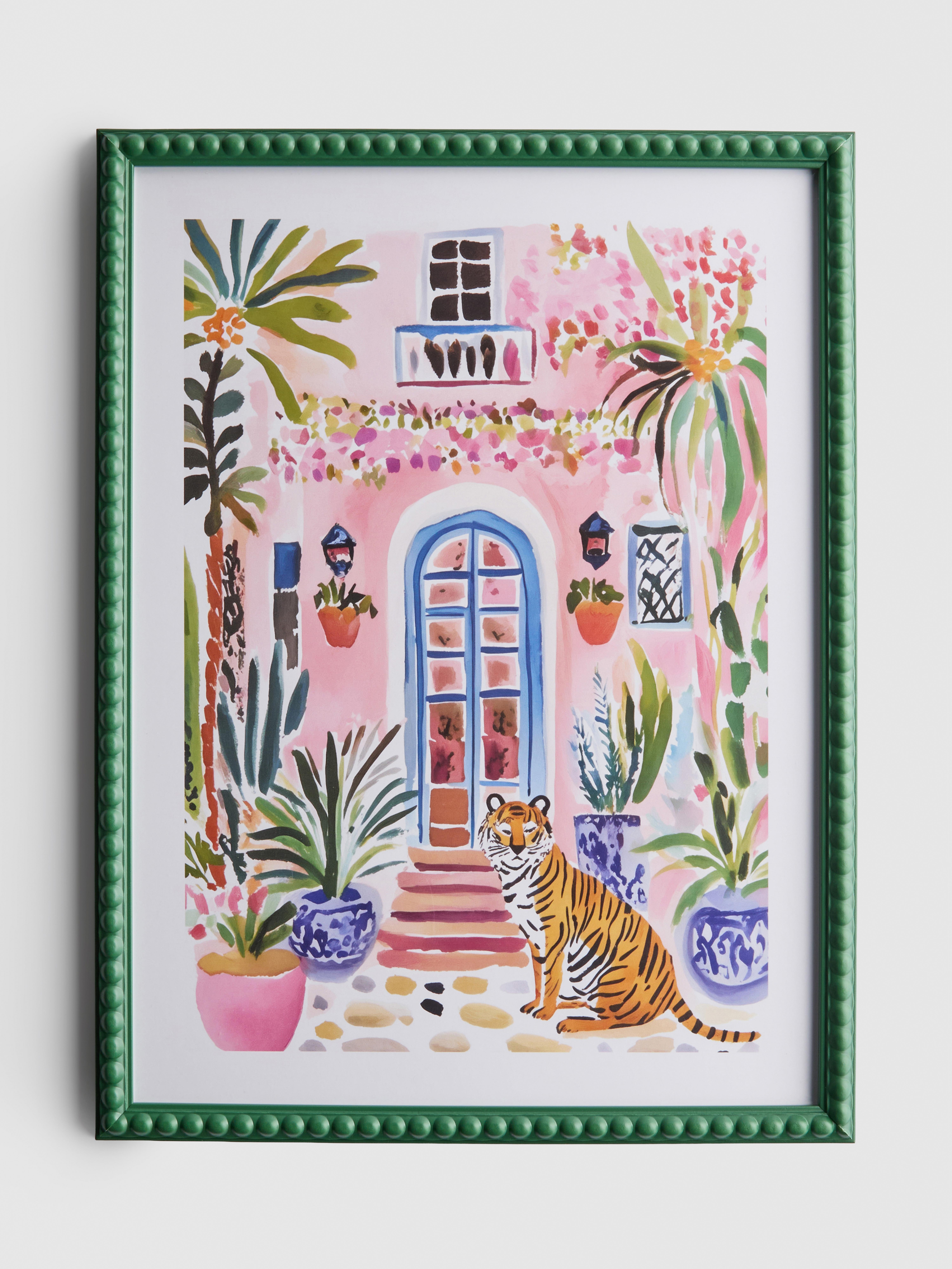 Villa-Wandbild im Aquarell-Stil im Rahmen mit Perlenstruktur