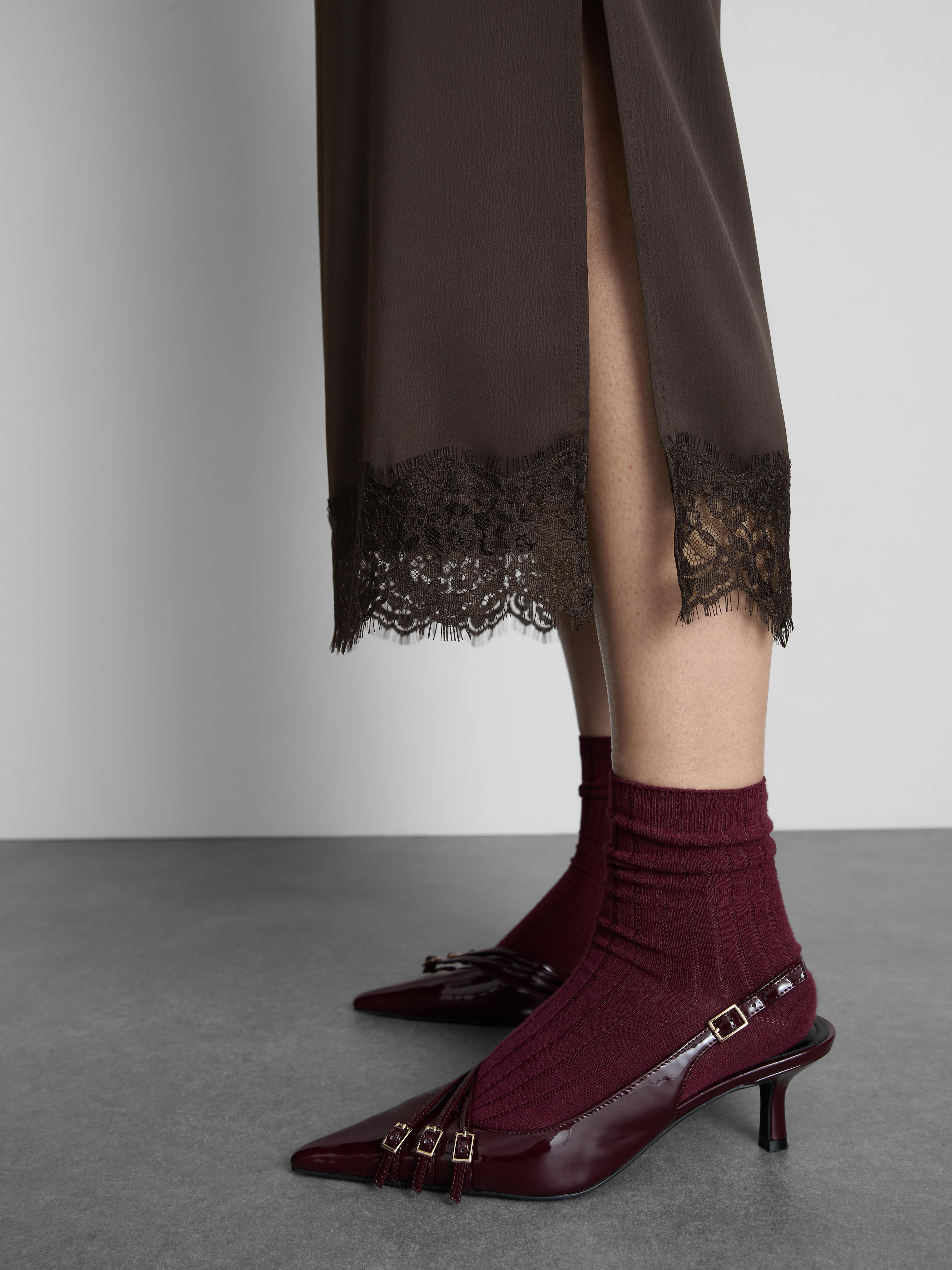 Women's Brown The Edit Satin Lace-Trim Midi Skirt