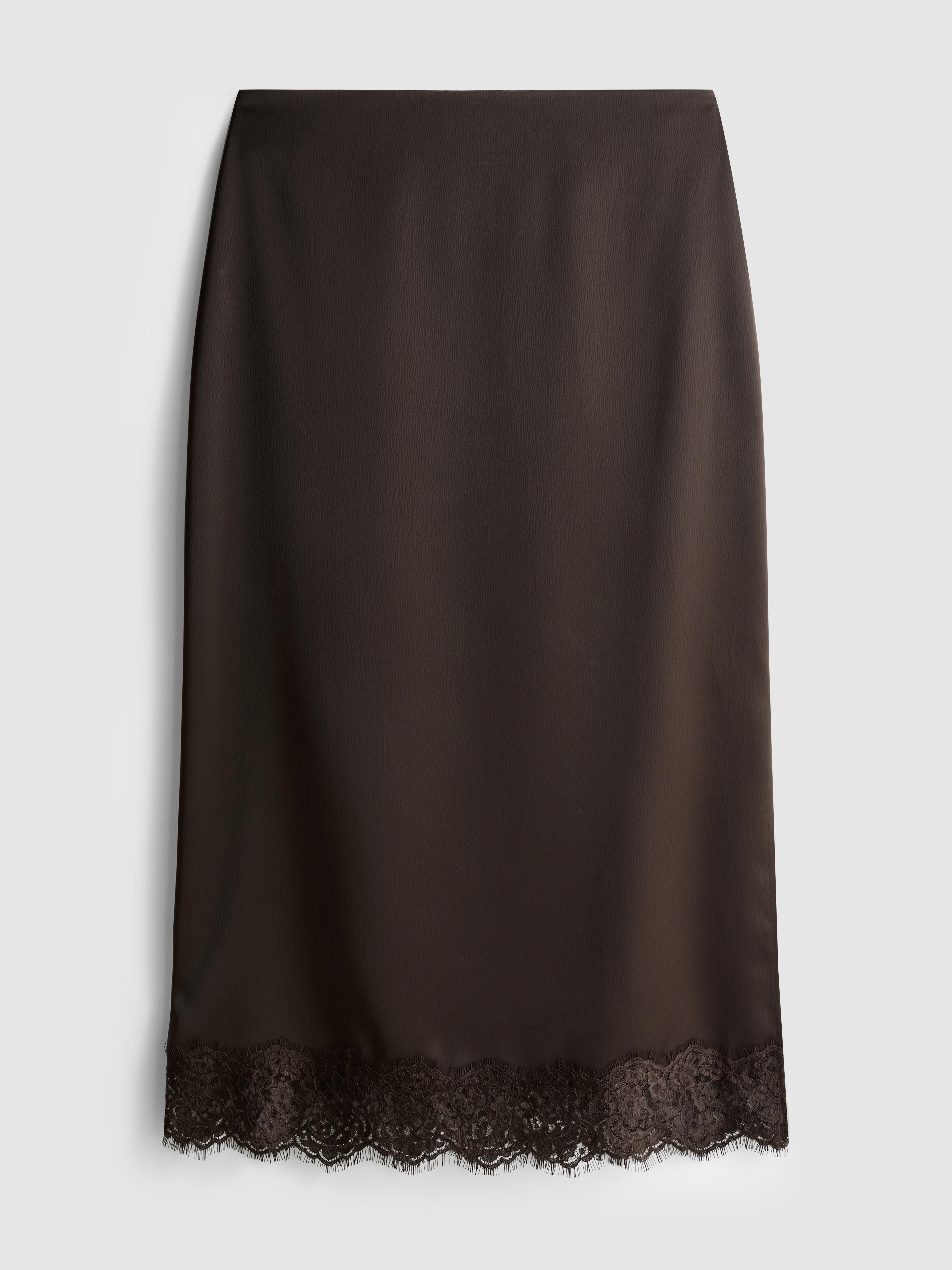 Women's Brown The Edit Satin Lace-Trim Midi Skirt