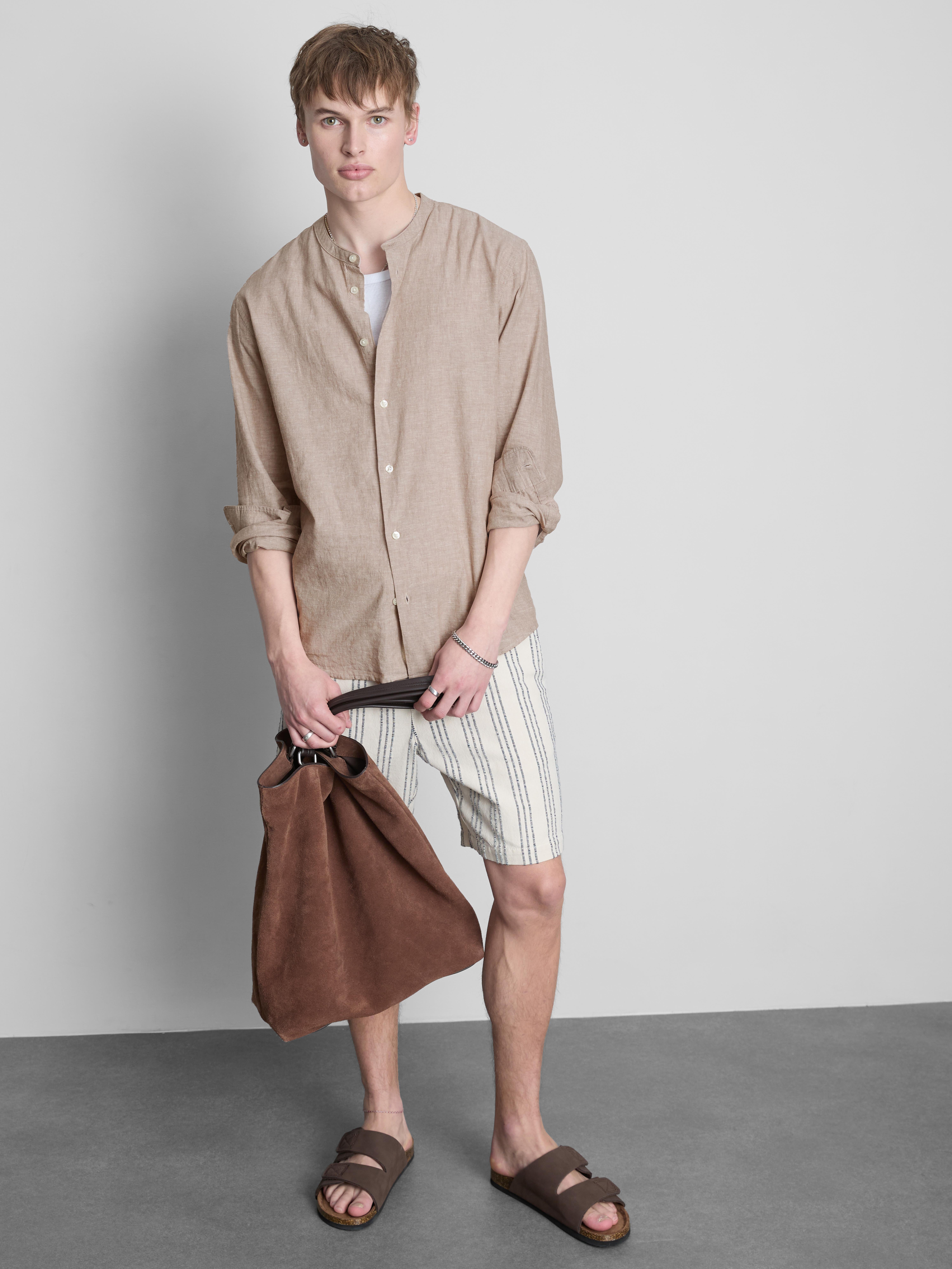 Linen Blend Grandad Collar Shirt
