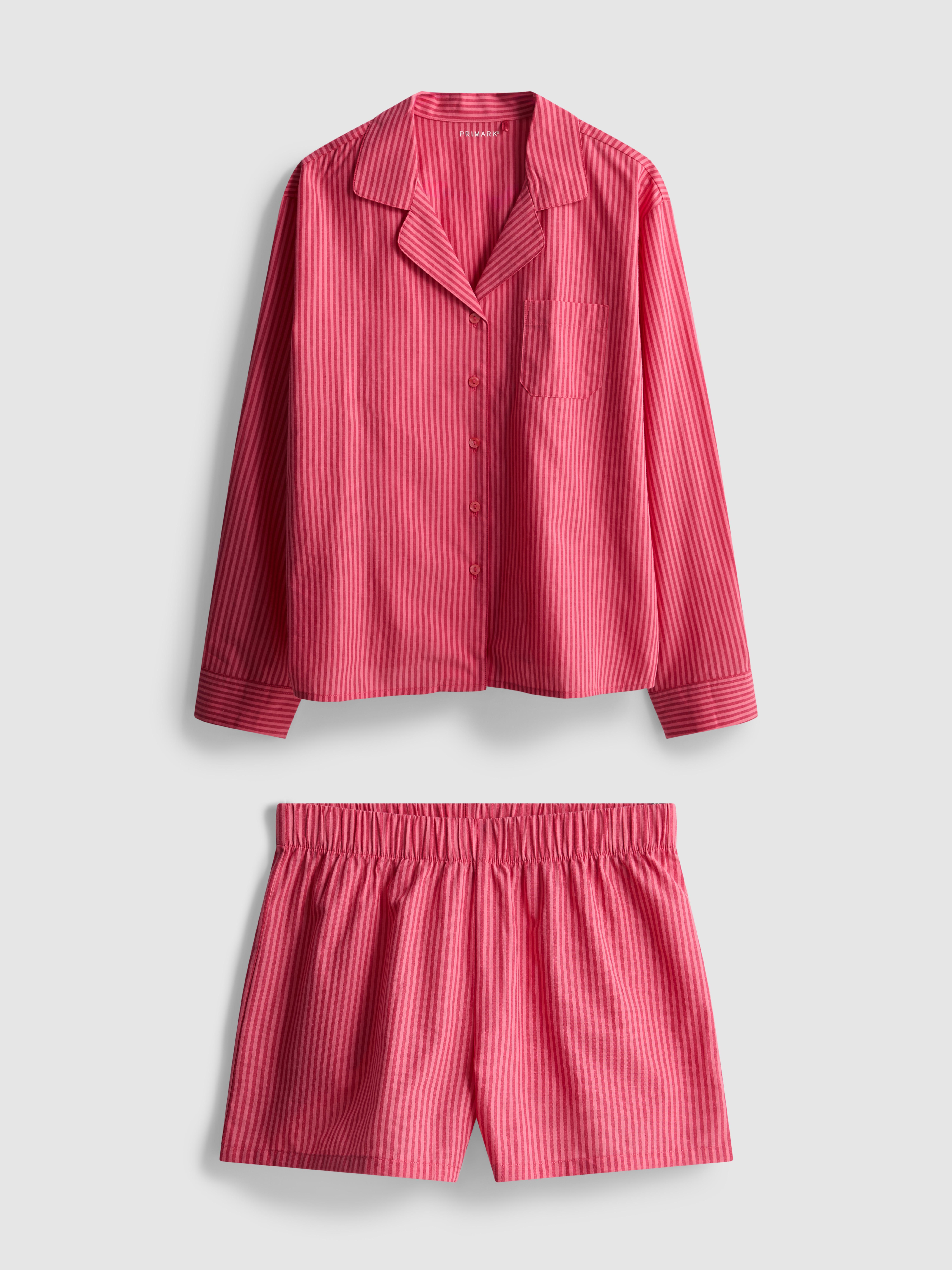 Gestreifter Baumwoll-Schlafanzug mit Hemd und Shorts Pink
