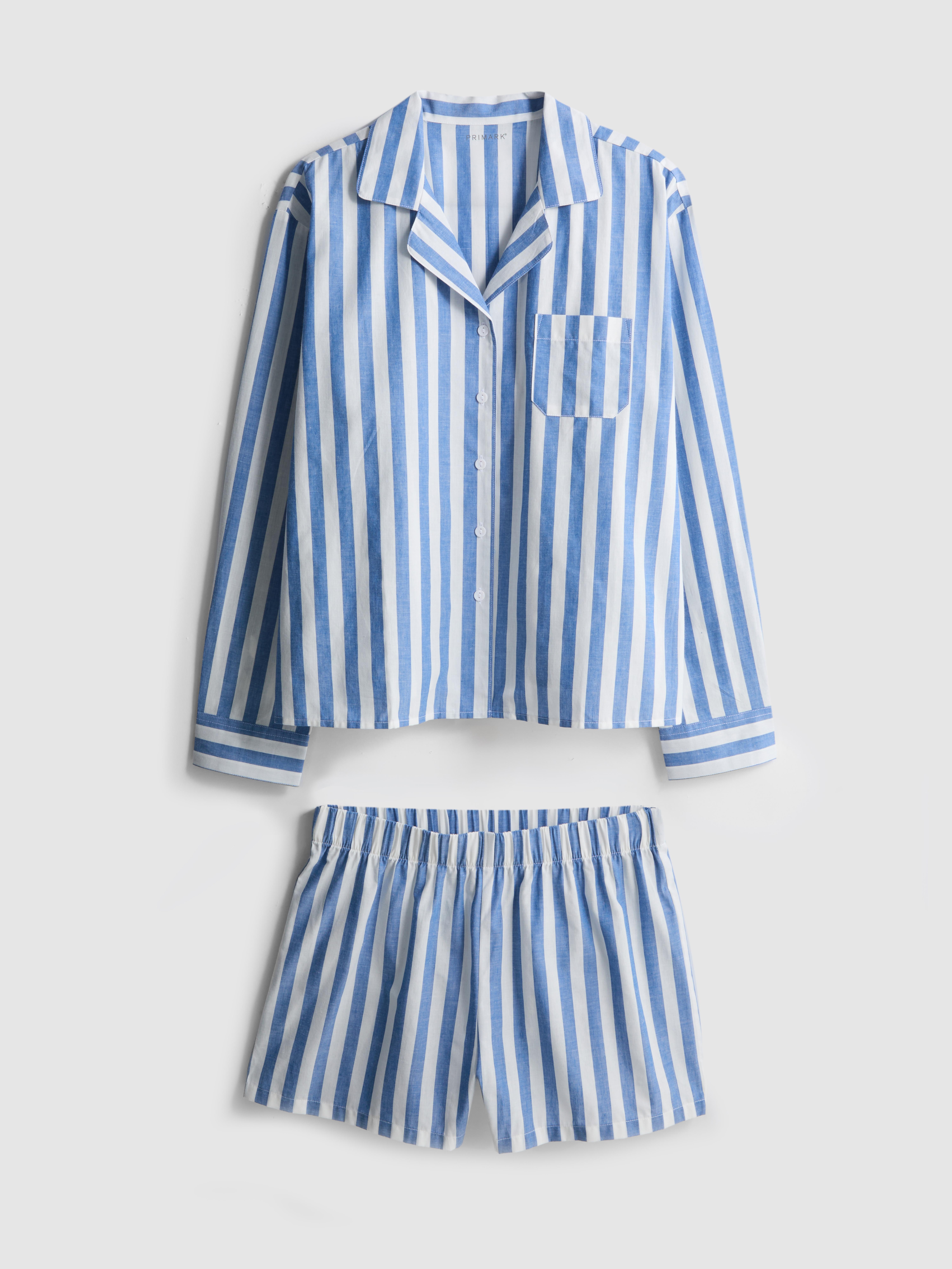 Gestreifter Baumwoll-Schlafanzug mit Hemd und Shorts Blau
