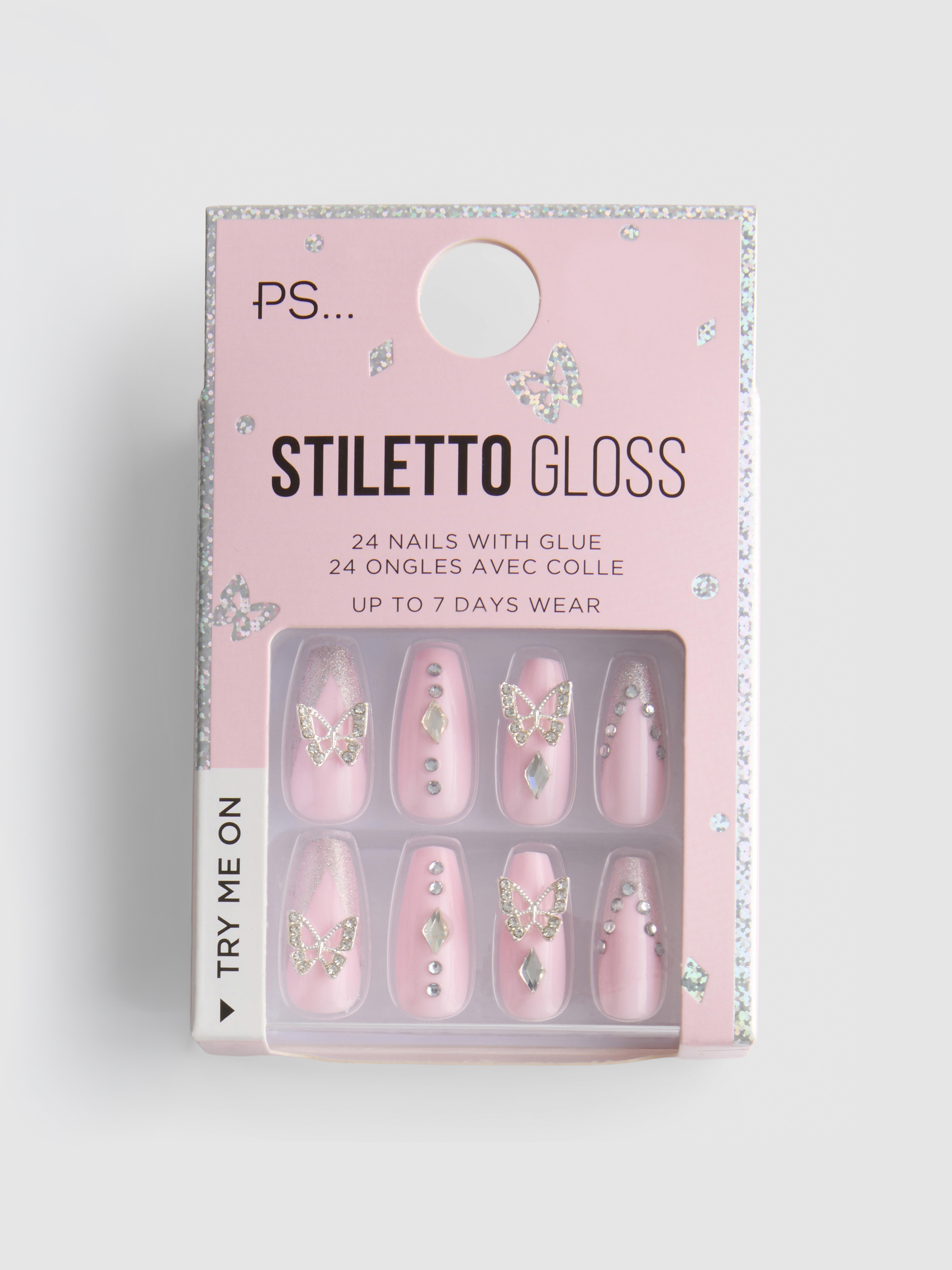 Unhas postiças stiletto brilho enfeite borboletas PS...