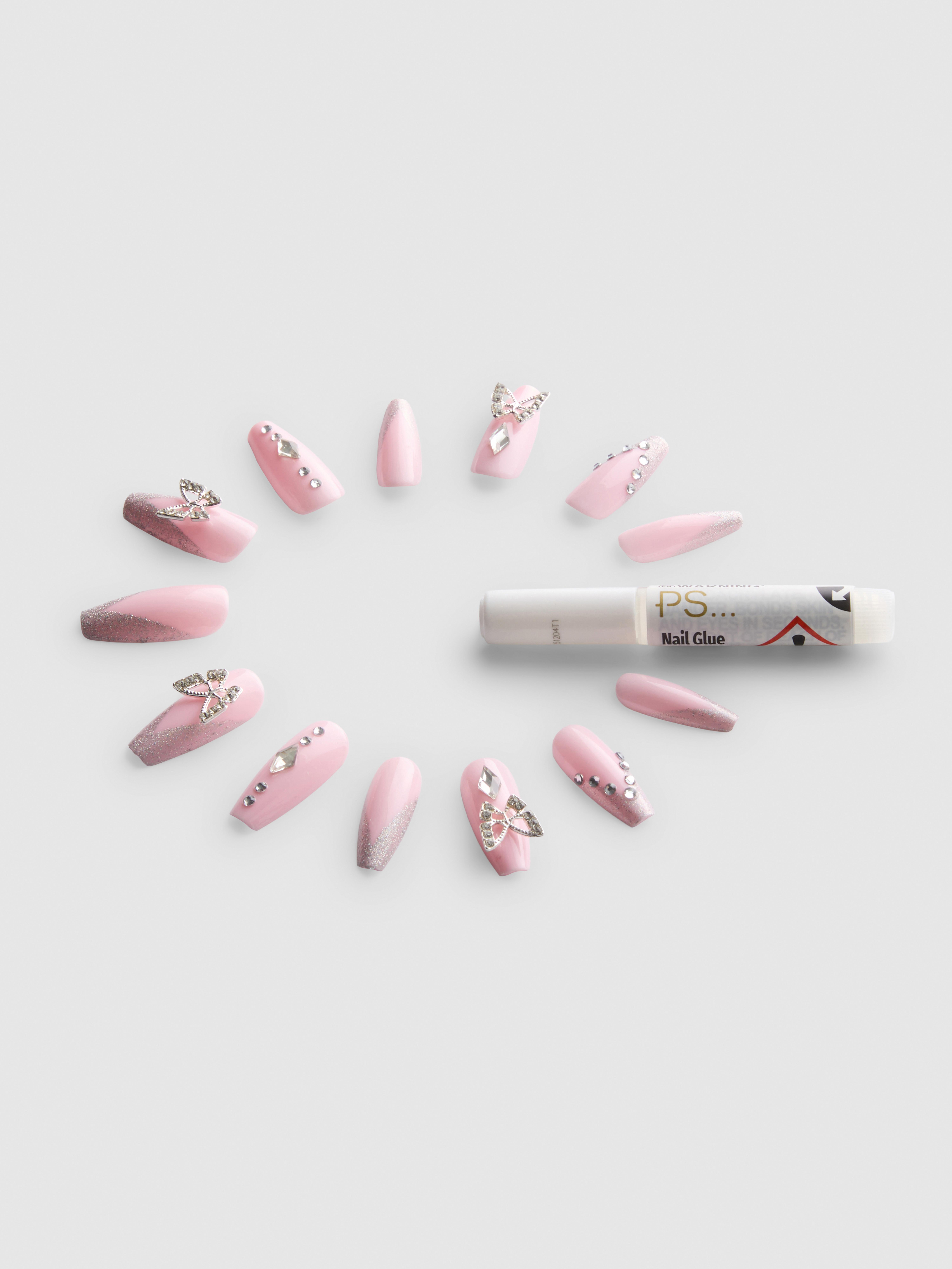 PS... Butterfly Embellished Stiletto Gloss False Nails