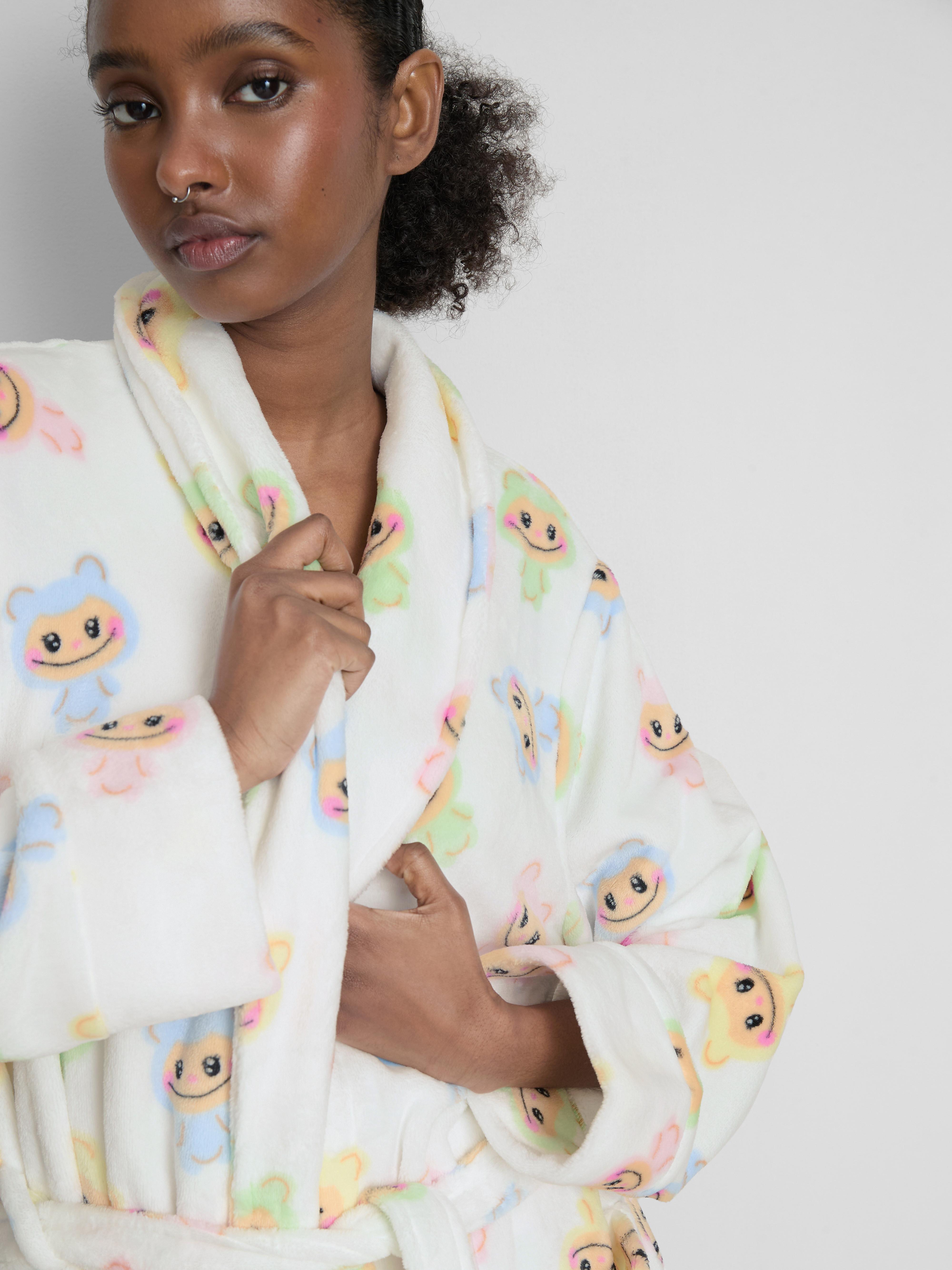 Flauschiger Midi-Bademantel mit Monstermuster