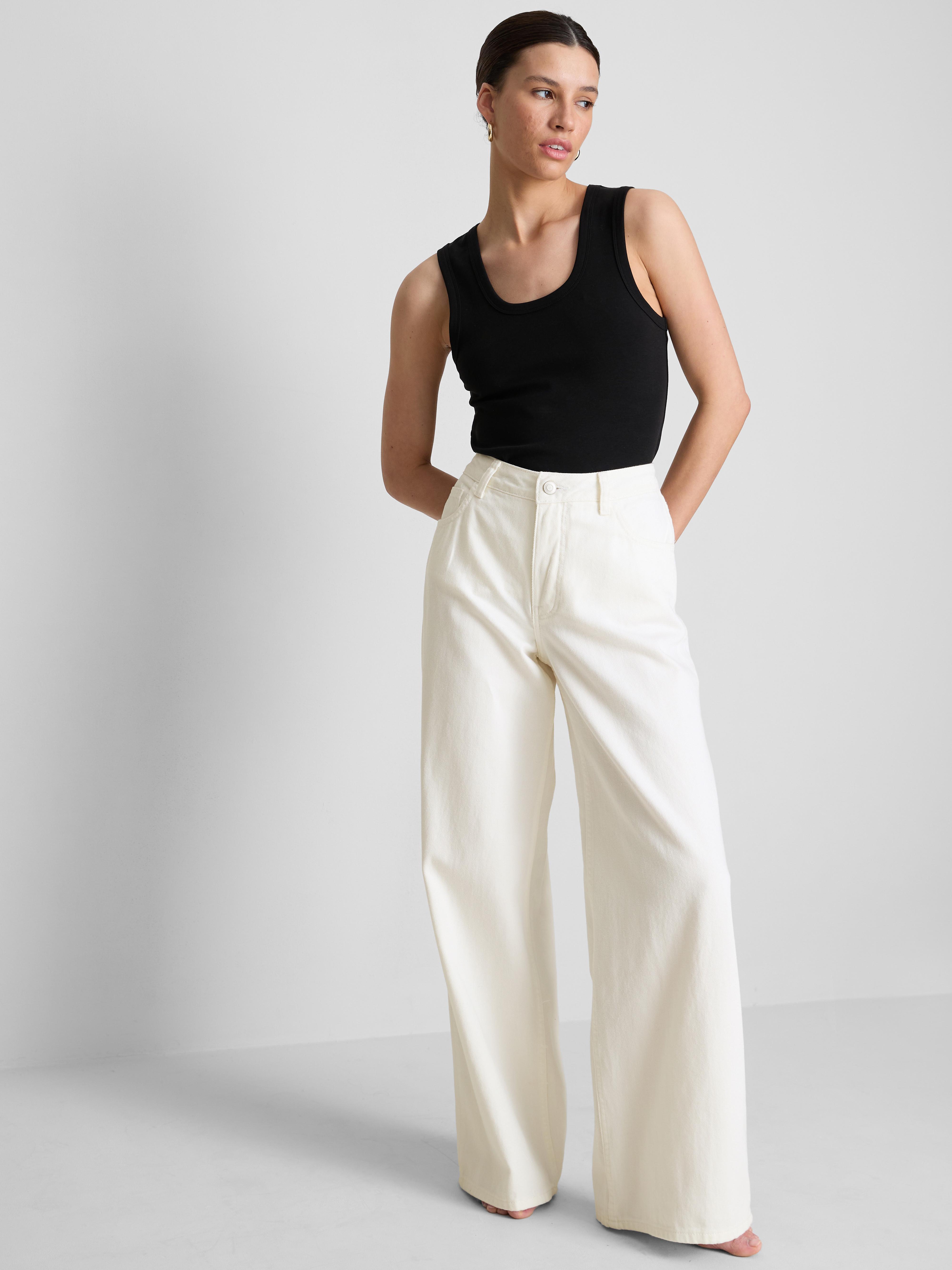 Cotton Denim Mid-Rise Wide Leg Jeans