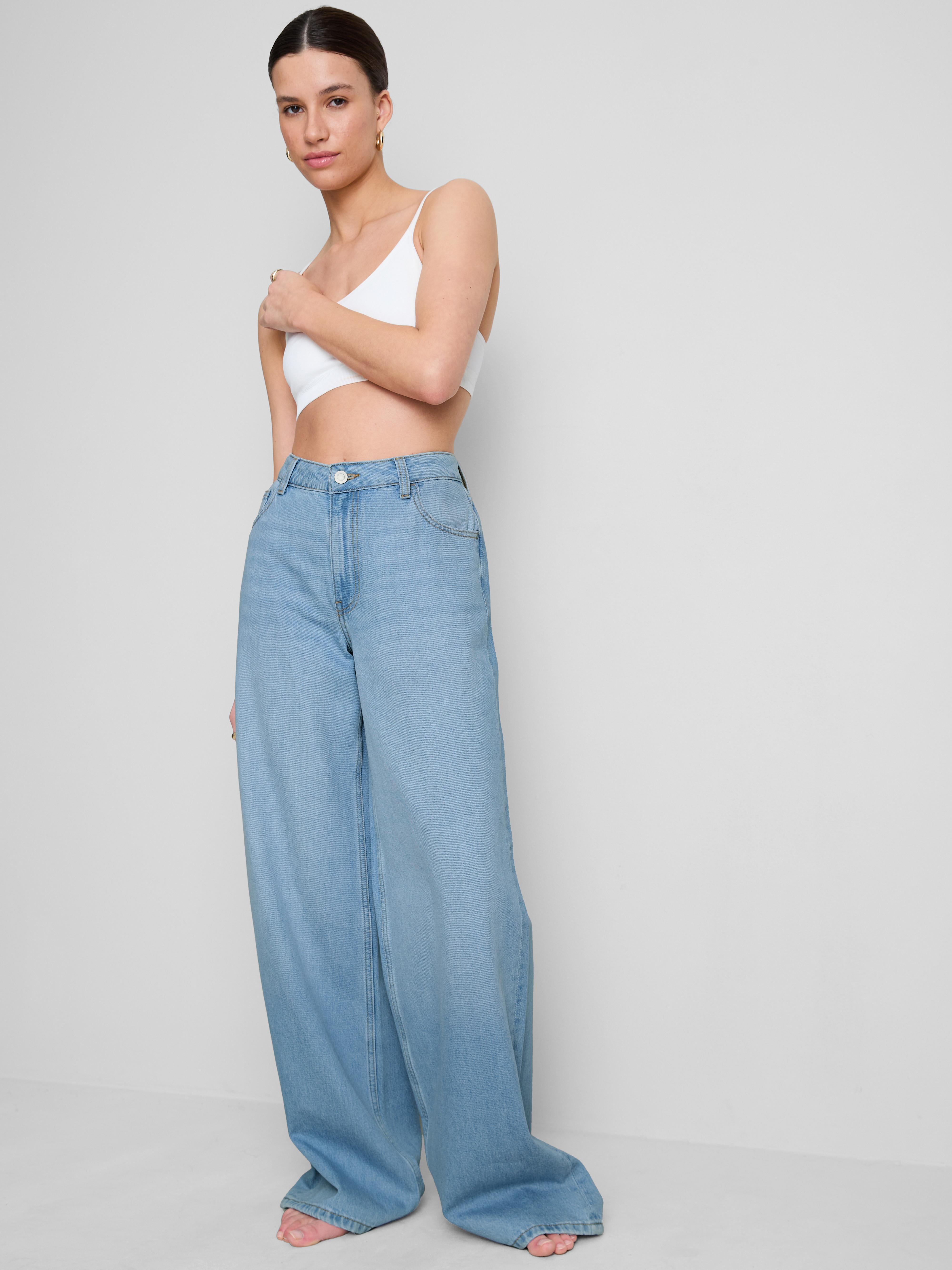 Cotton Denim Mid-Rise Wide Leg Jeans Light Blue