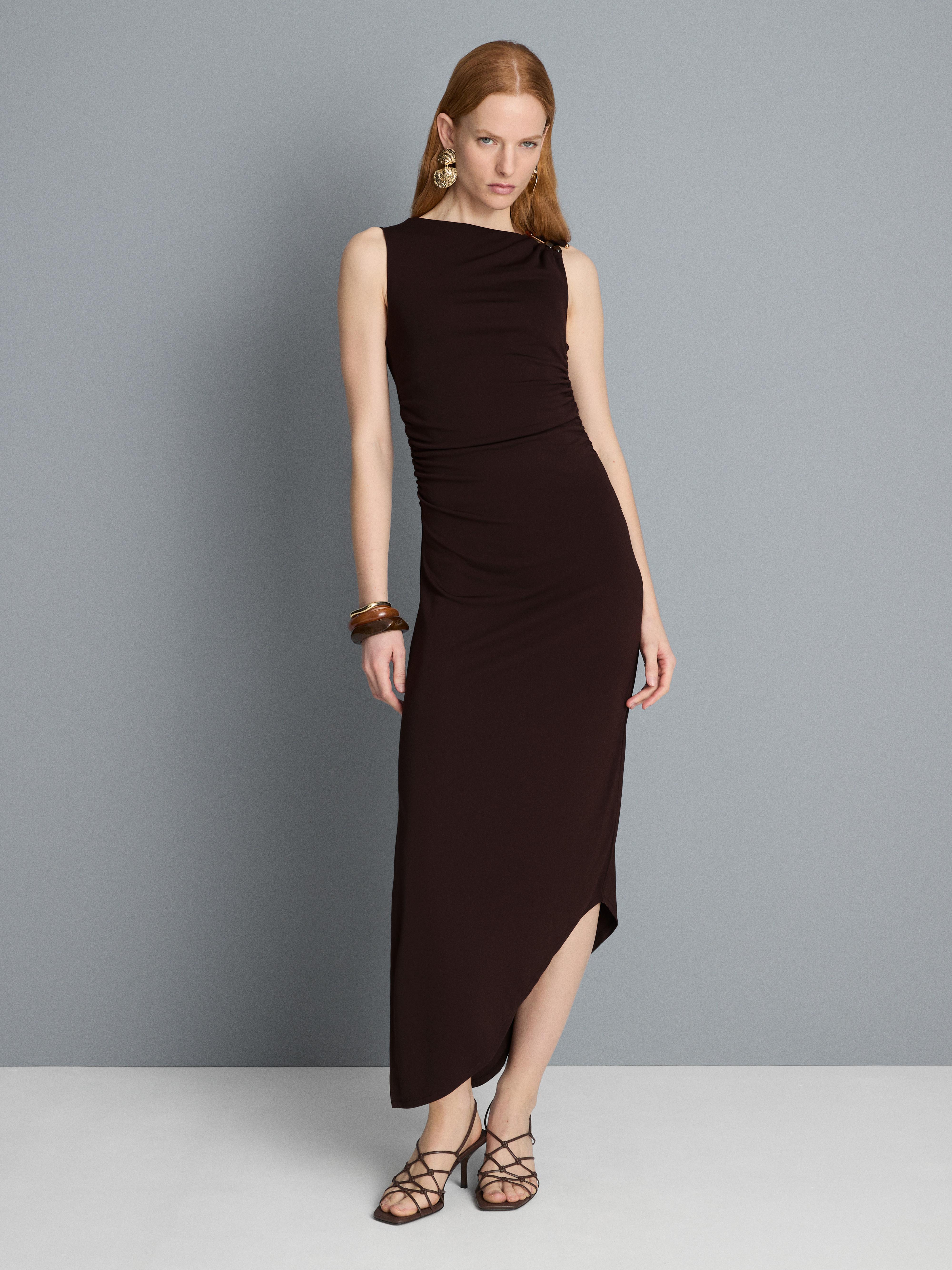 Ruched Hardware Asymmetric Midi Dress
