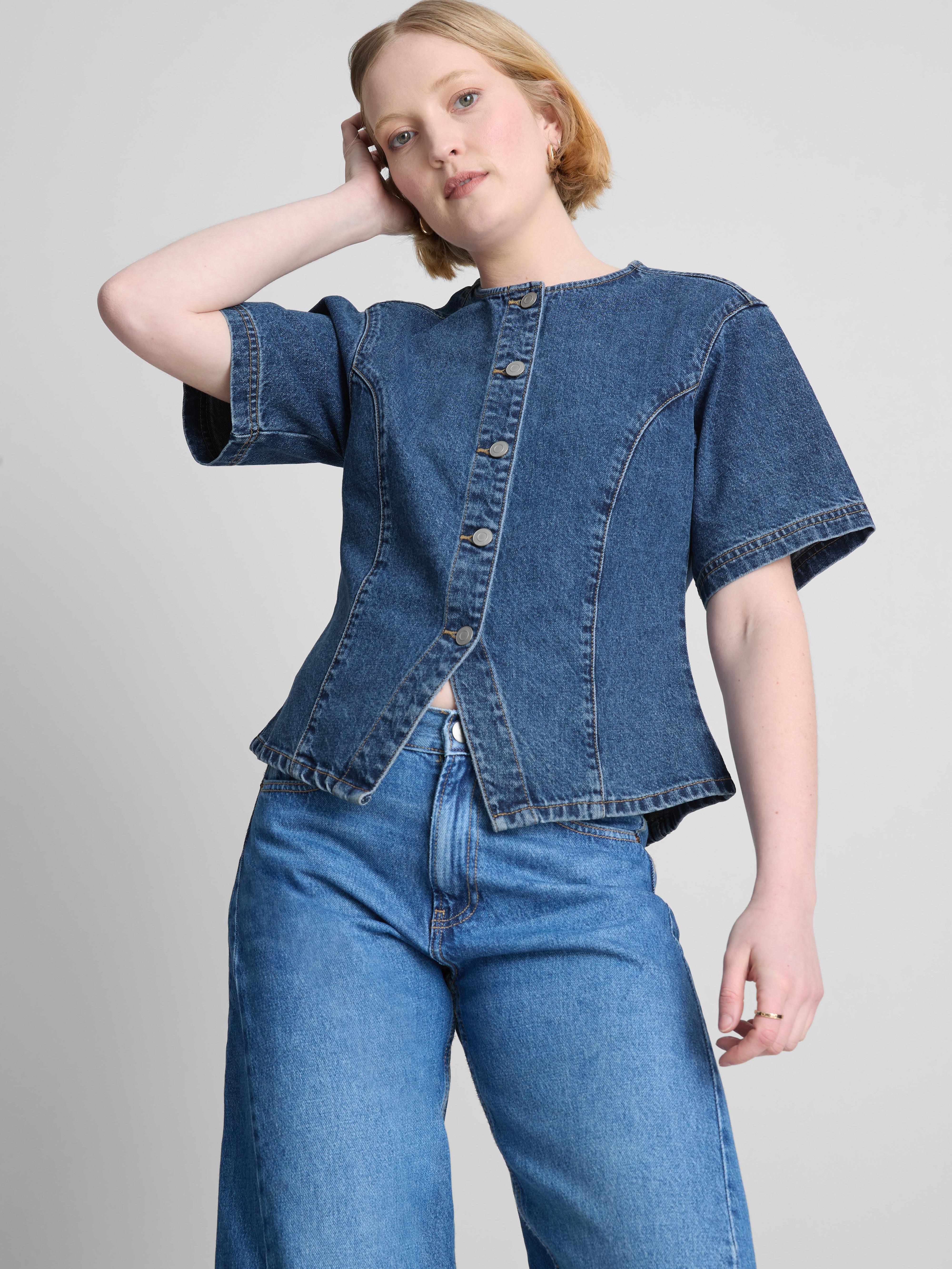 Maglia a maniche corte in denim di cotone