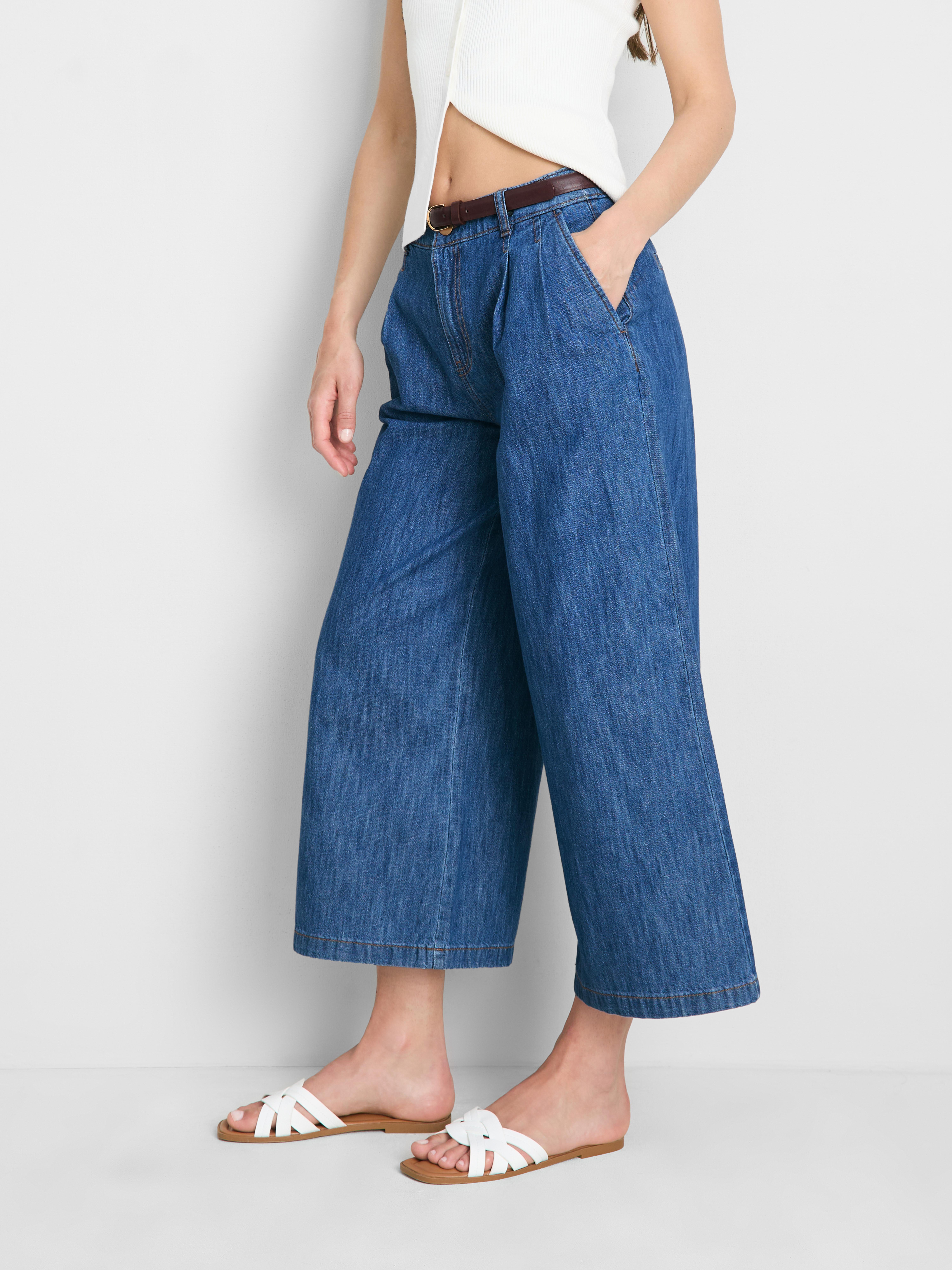Cotton Denim Belted Culotte Pants