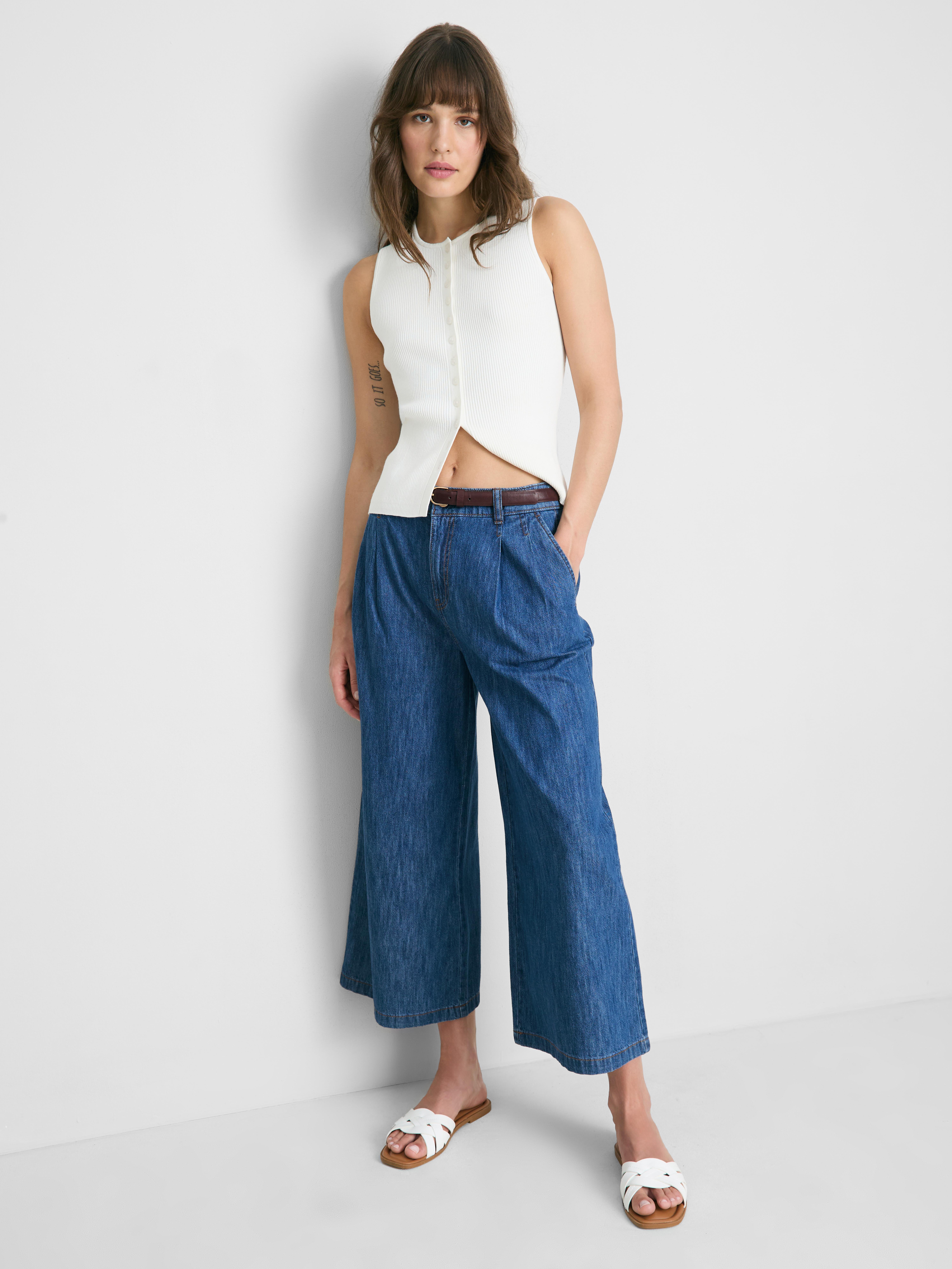 Cotton Denim Belted Culotte Pants