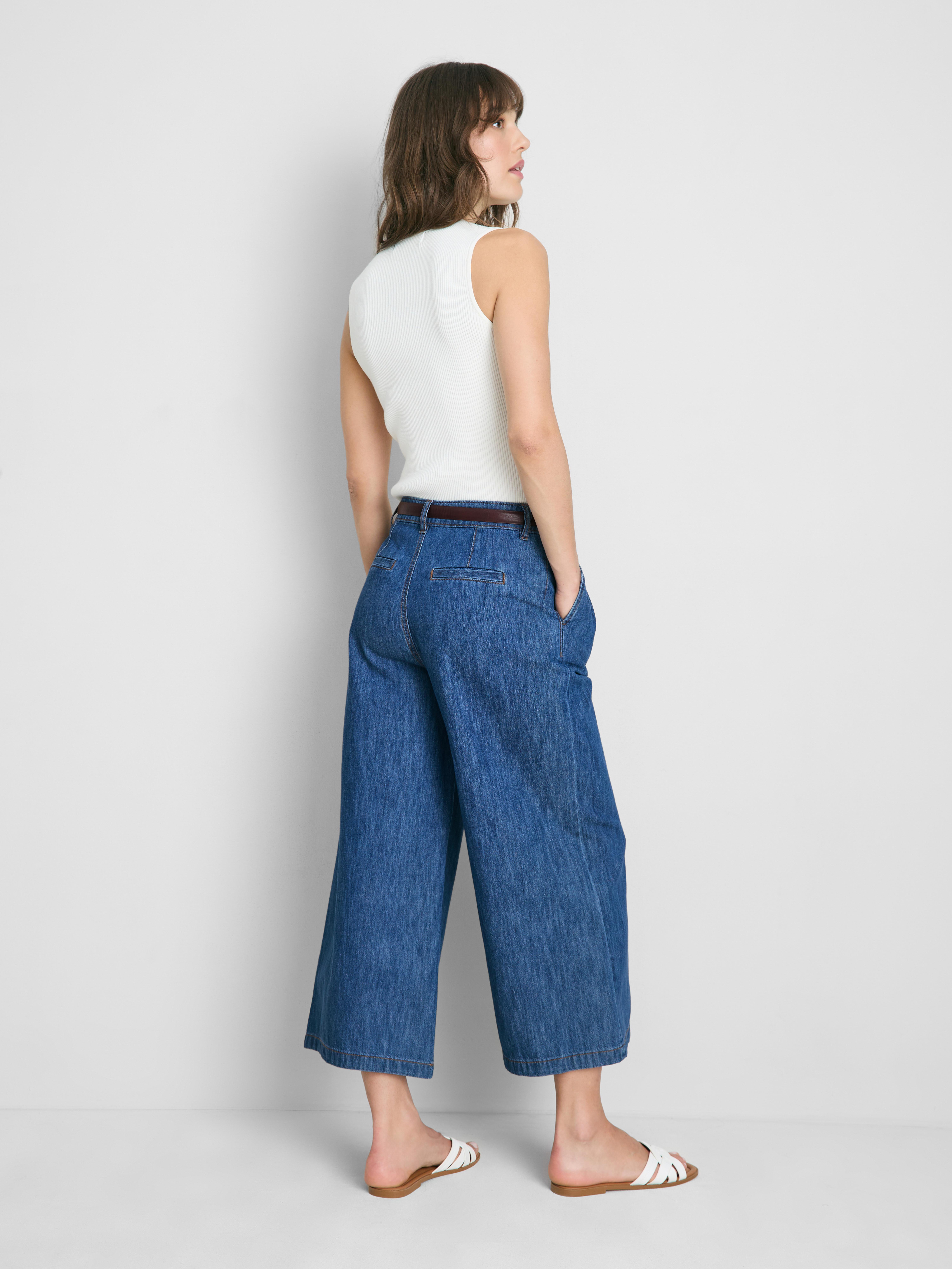 Cotton Denim Belted Culotte Pants