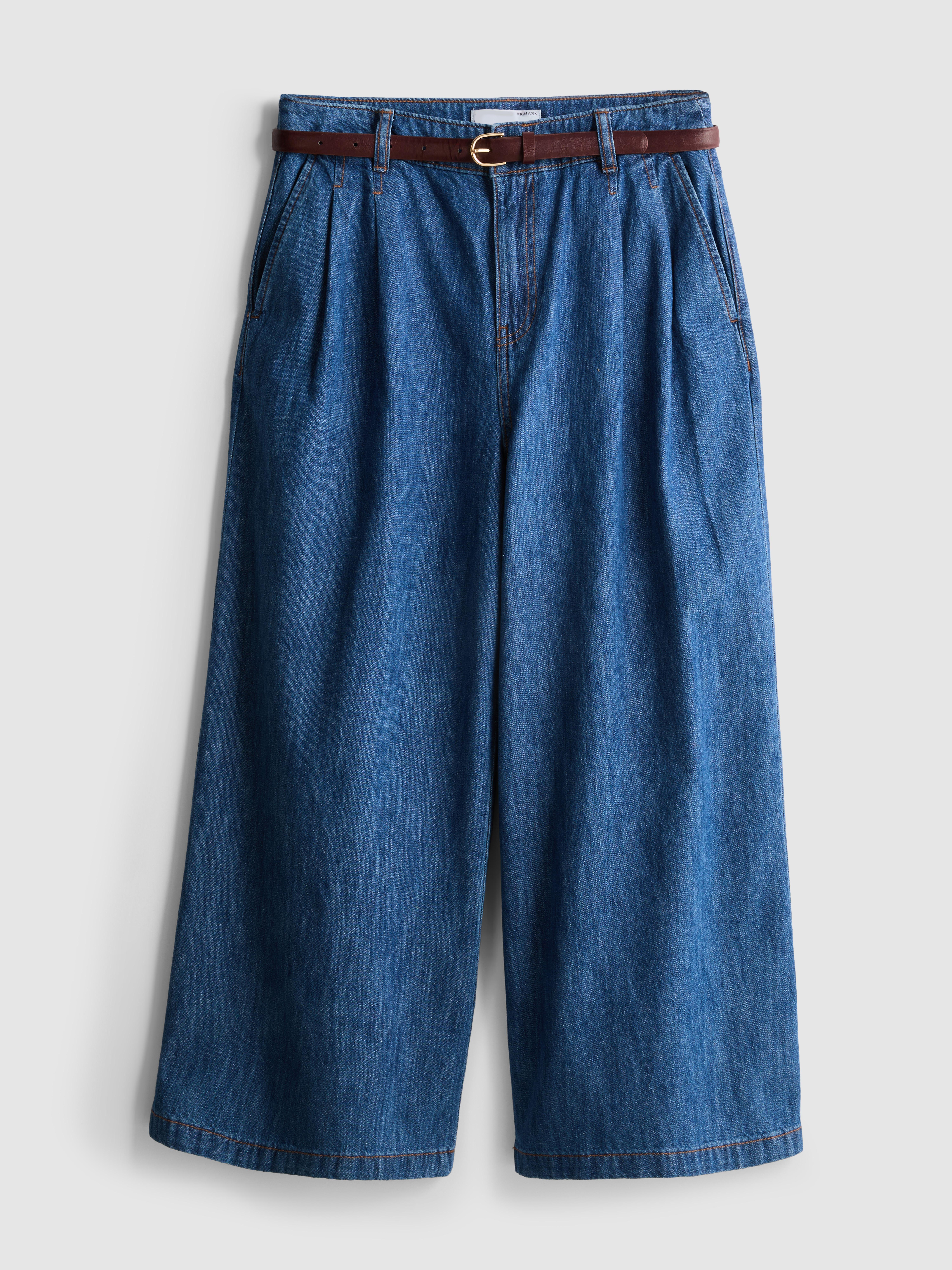 Cotton Denim Belted Culotte Pants