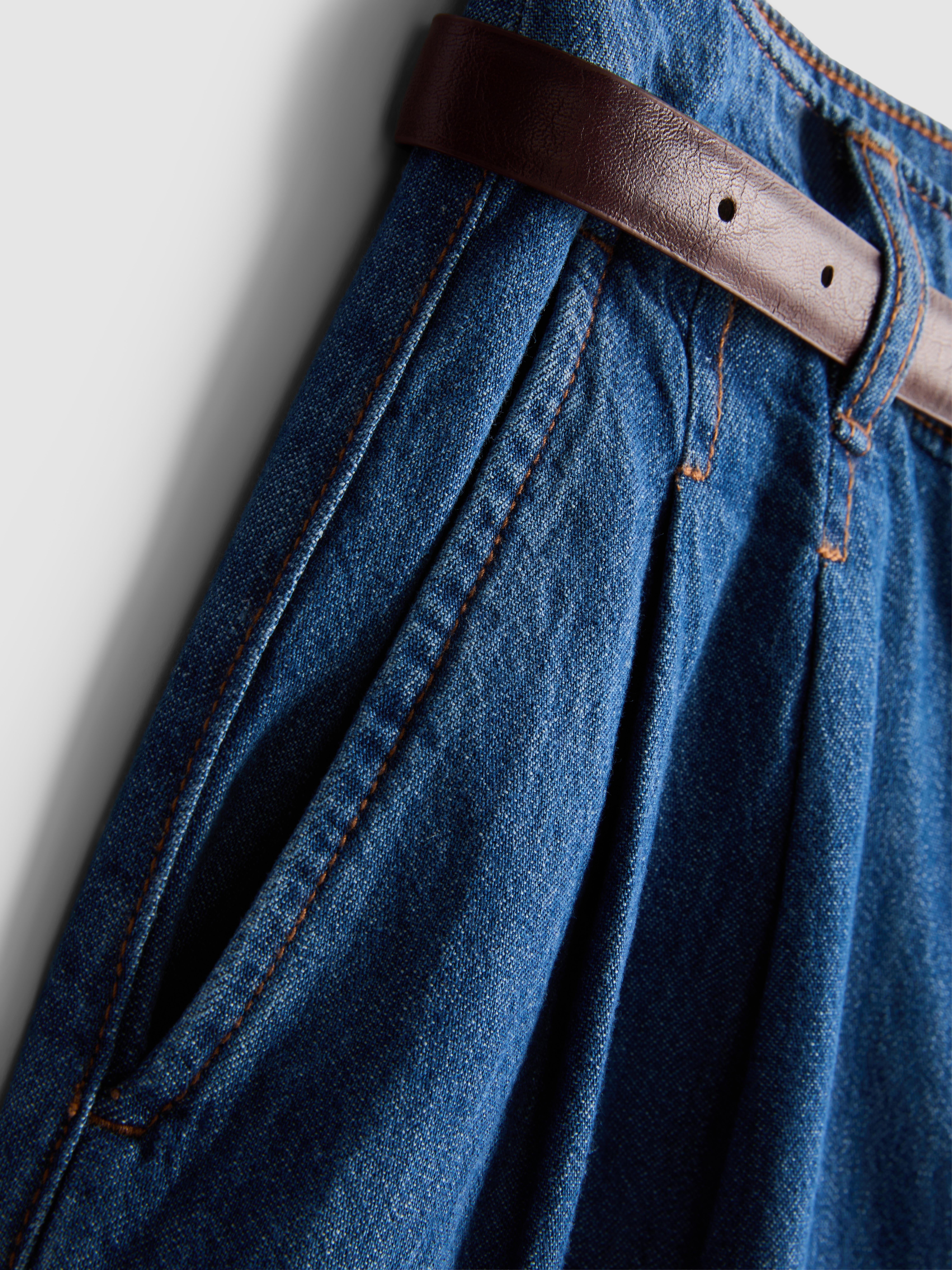 Cotton Denim Belted Culotte Pants