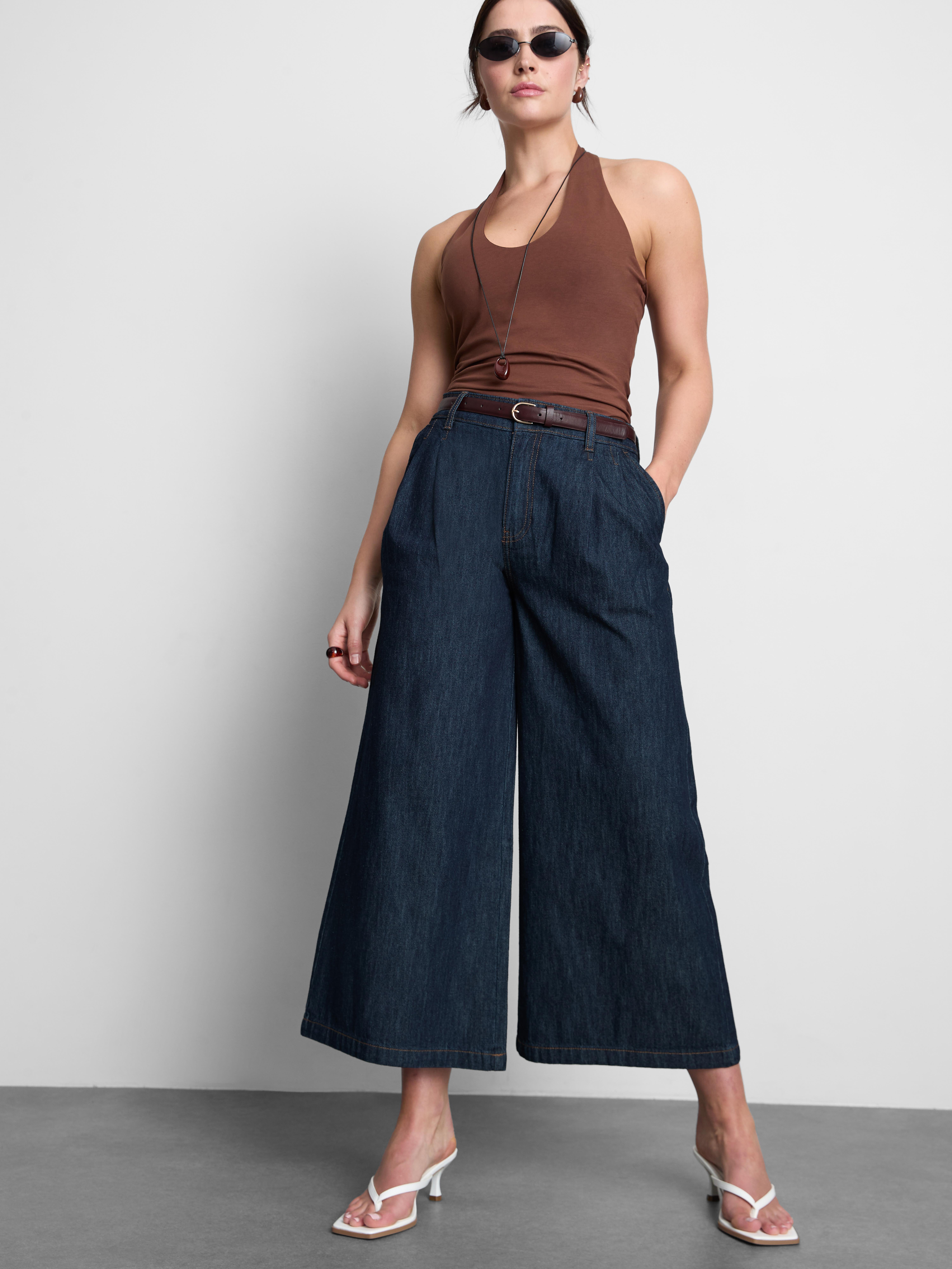 Cotton Denim Belted Culotte Pants