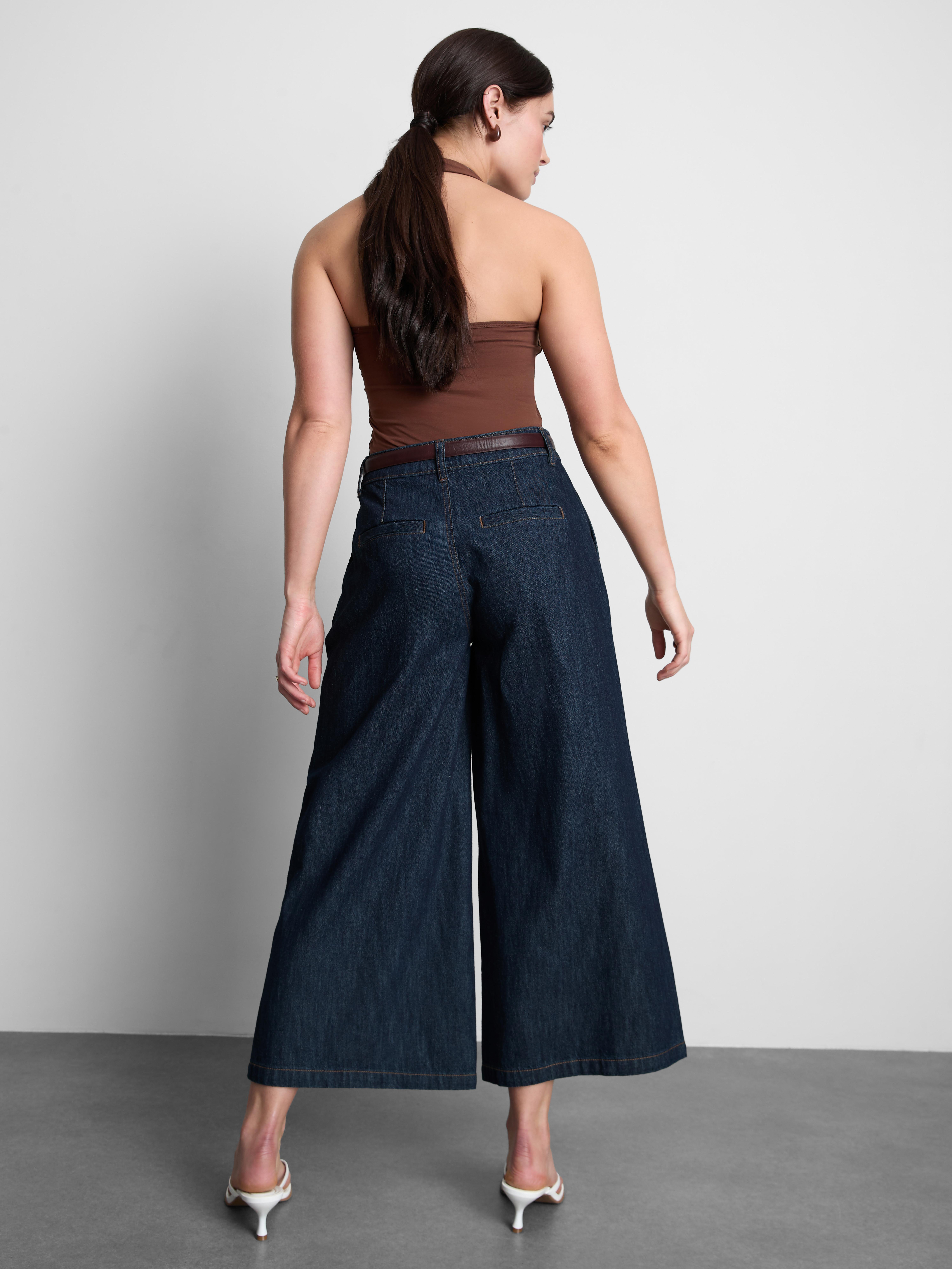 Cotton Denim Belted Culotte Pants