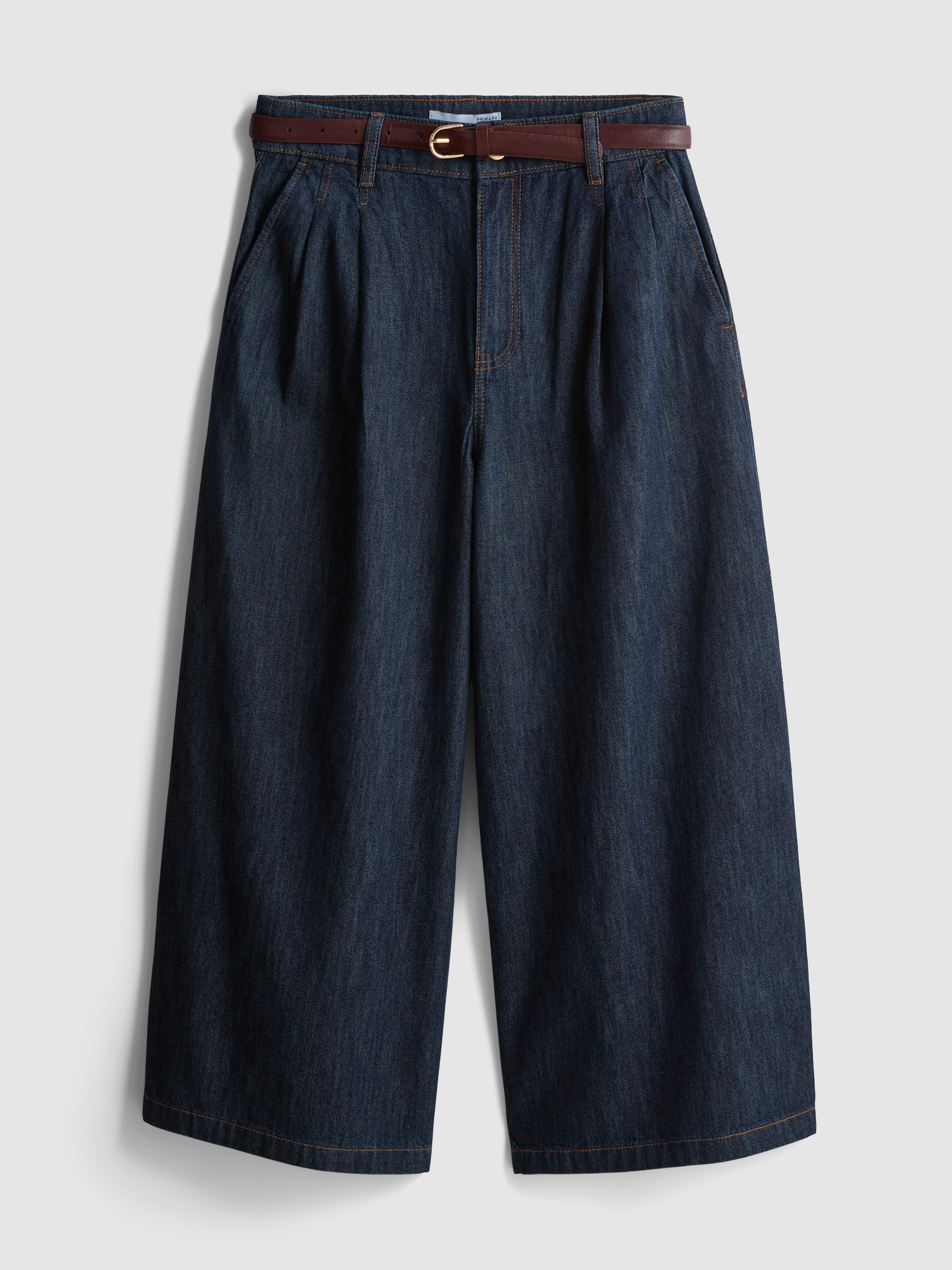 Cotton Denim Belted Culotte Pants