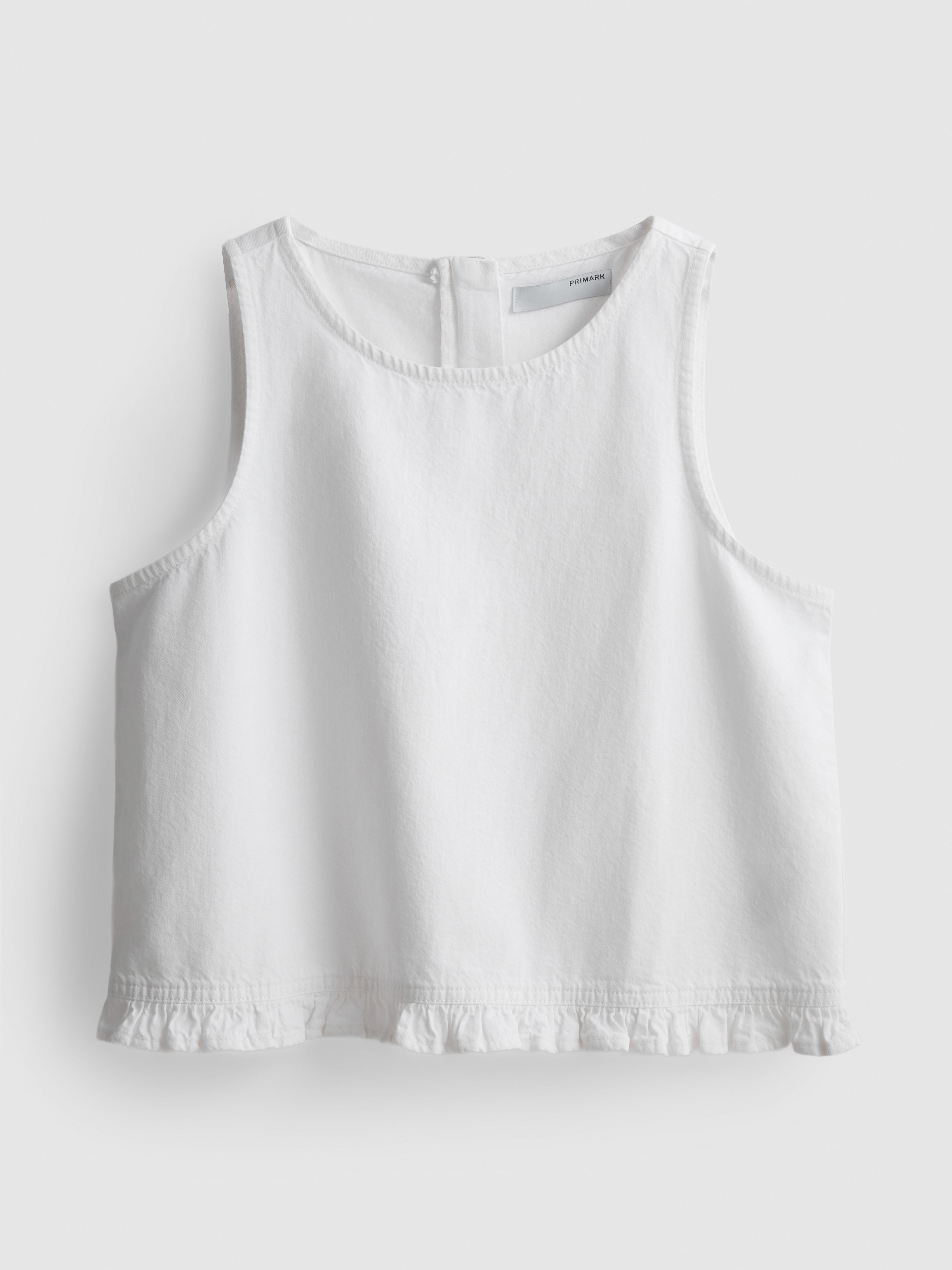 Kurzes Baumwoll-Denim-Tanktop mit Rüschen