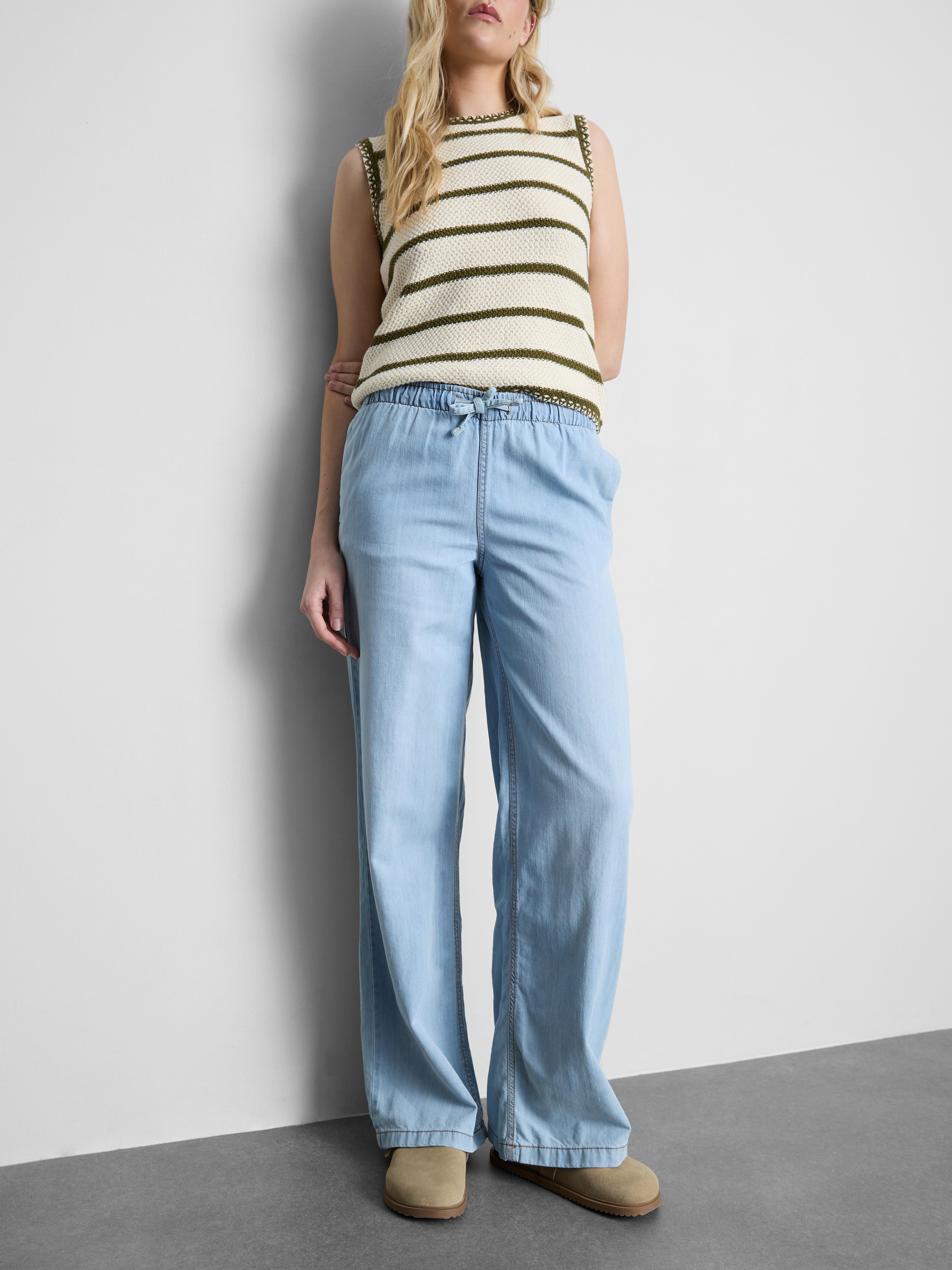 Cotton Denim Wide Leg Drawstring Joggers